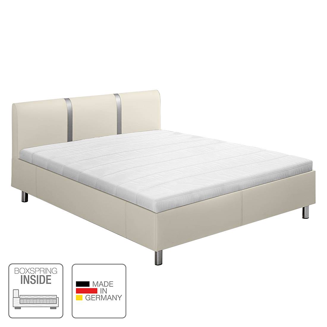 Boxspring-Inside-Bett Caya - Kunstleder - 180 x 200cm - H3 ab 80 kg - Tonnentaschenfederkernmatratze - starrer Lattenrost mit 19 Federholzleisten - Creme, Nova Dream Sleepline