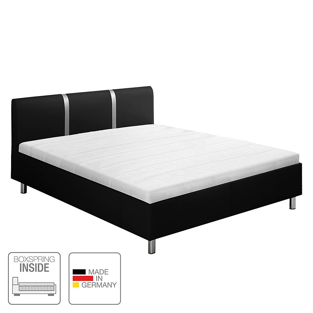 Boxspring-Inside-Bett Caya - Kunstleder - 180 x 200cm - H4 ab 100 kg - Tonnentaschenfederkernmatratze - starrer Lattenrost mit 19 Federholzleisten - Schwarz, Nova Dream Sleepline