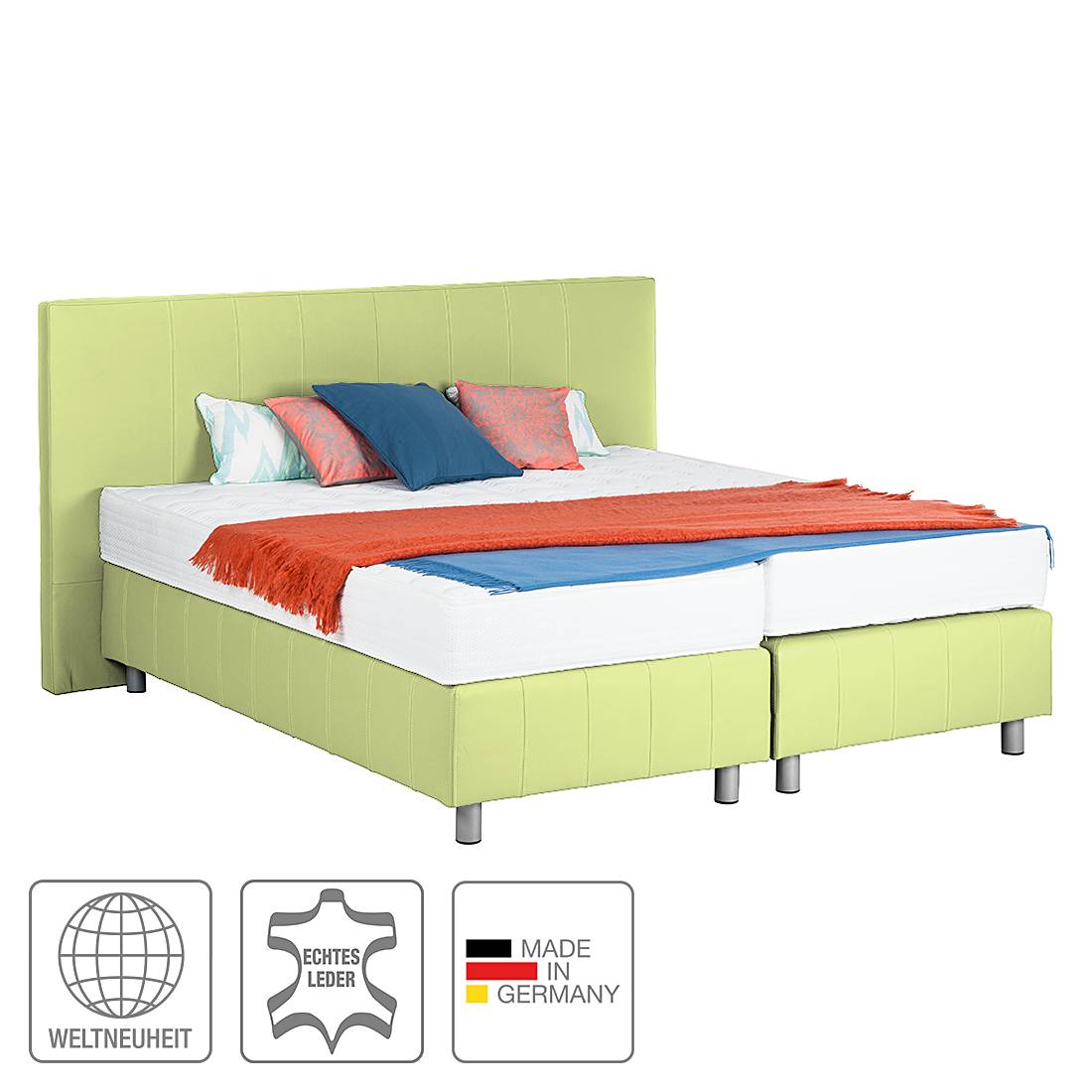 Boxspringbett Atlanta (Echtleder) - Ohne Topper - 200 x 200cm - H3 ab 80 kg - Hellgrün, Art of Sleep