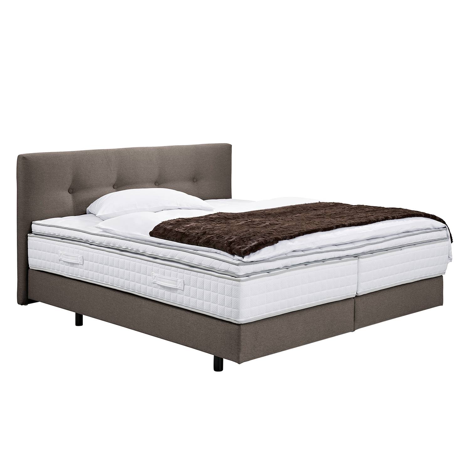 Boxspringbett Button - Webstoff - 180 x 200cm - H2 bis 80 kg / H3 ab 80 kg - Kaltschaumtopper - Taschenfederkern - Taschenfederkernmatratze - Braun - Standardhöhe, Arte M