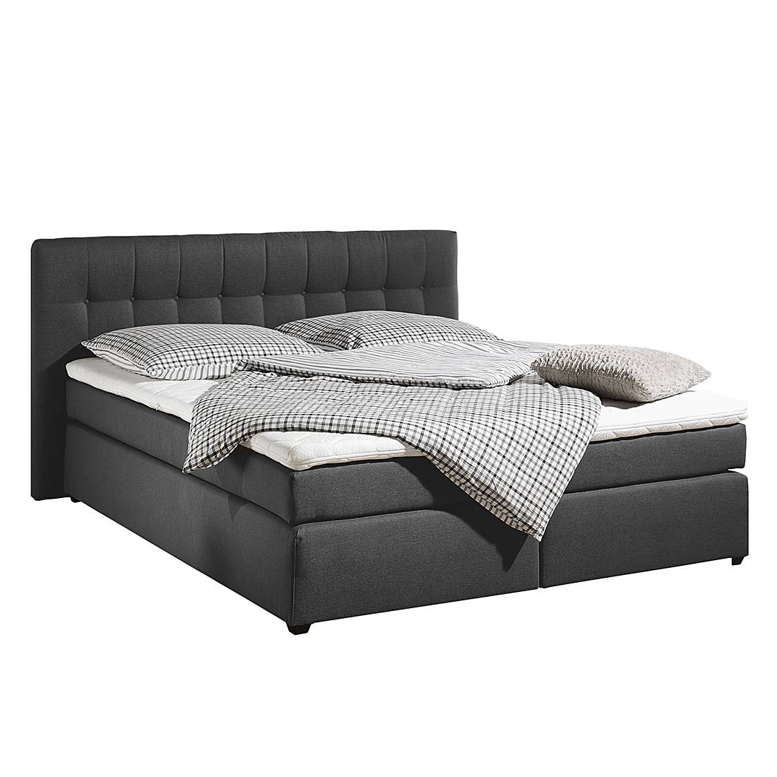 Boxspringbett Jean - inklusive Topper - Strukturstoff - 140 x 200cm - H3 ab 80 kg - Kaltschaummatratze - Anthrazit, Monaco