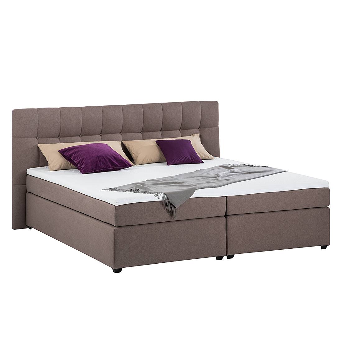 Boxspringbett Jean - inklusive Topper - Strukturstoff - 180 x 200cm - H3 ab 80 kg - Bonellfederkernmatratze - Taupe, Monaco