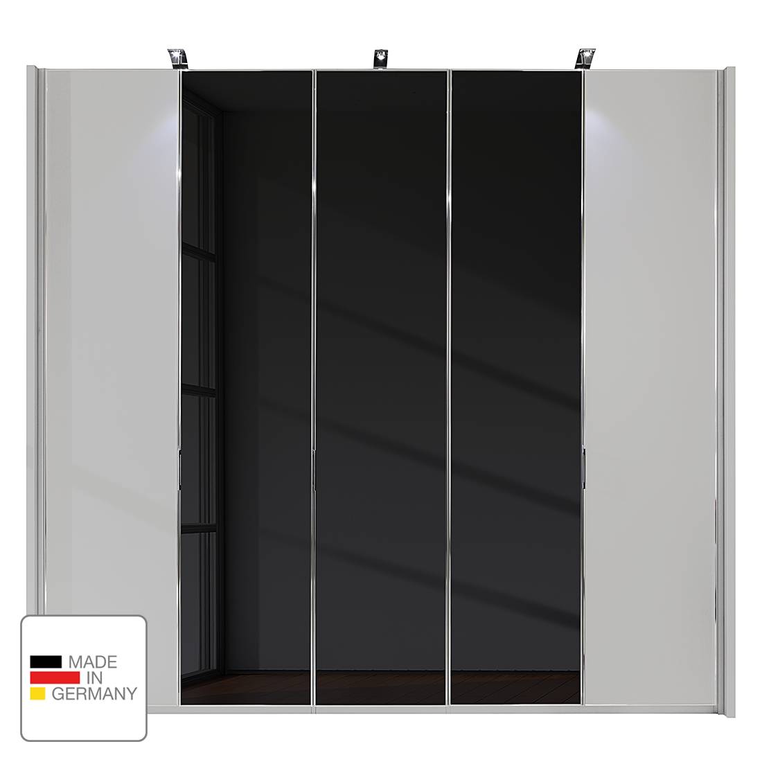 Drehtürenschrank Amsterdam - Silber/Graphit - LED-Beleuchtung - 250 cm (5-türig) - 216 cm - 1 Glastür (Anschlag rechts), Althoff