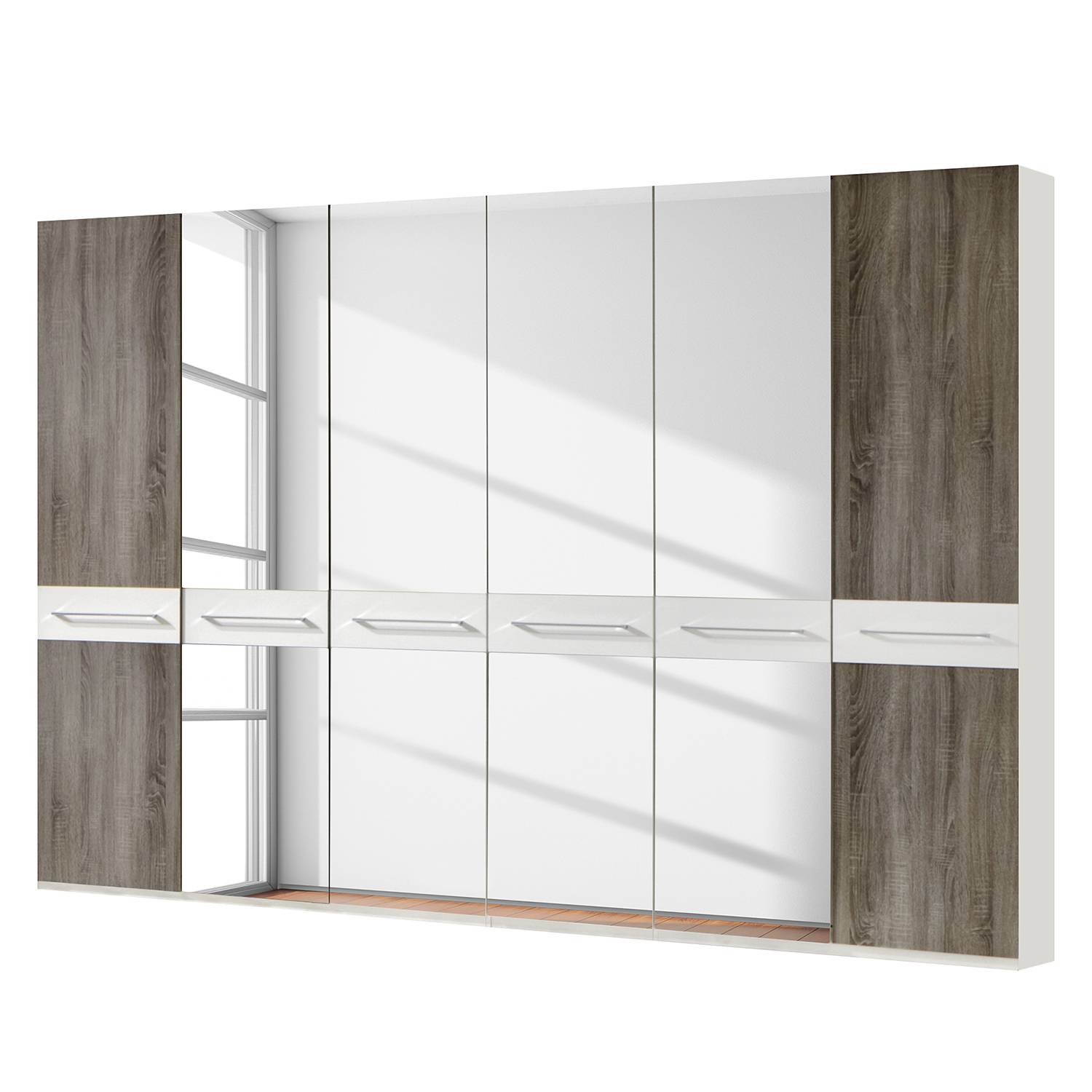 Drehtürenschrank Ancona - Trüffeleiche Dekor - Alpinweiß / Trüffeleiche Dekor - 300 cm (6-türig) - 4 Spiegeltüren - Ohne Passepartoutrahmen, Althoff