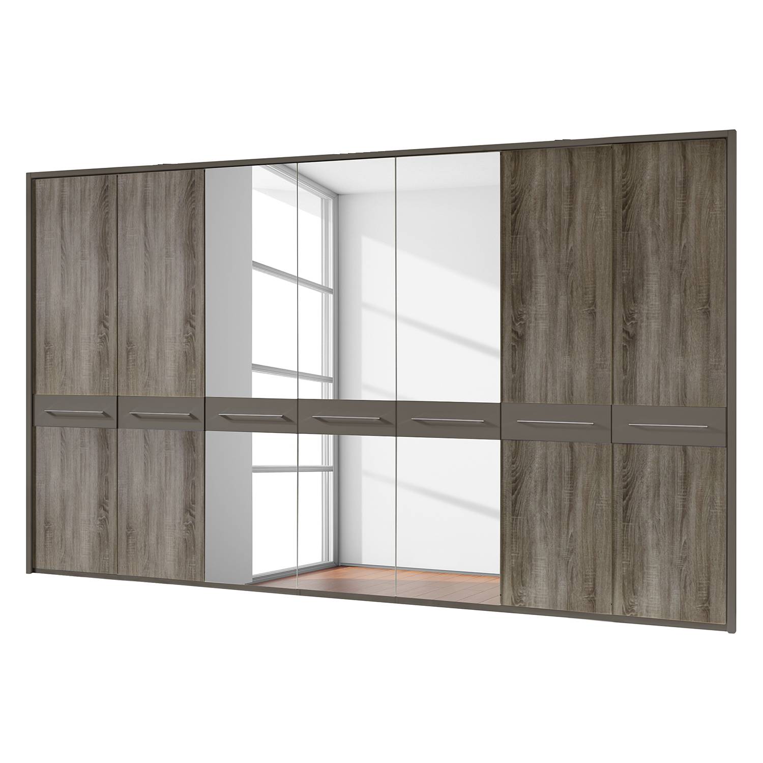 Drehtürenschrank Ancona - Trüffeleiche Dekor - Havanna / Trüffeleiche Dekor - 350 cm (7-türig) - 3 Spiegeltüren - Mit Passepartoutrahmen, Althoff