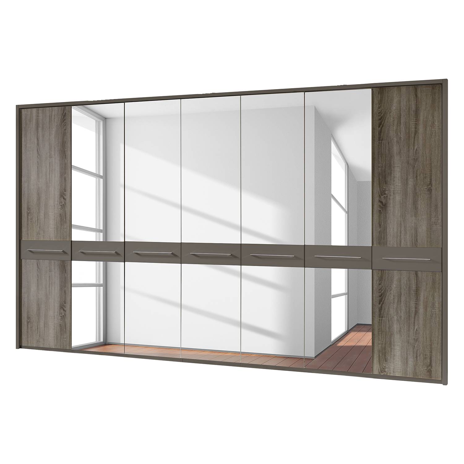 Drehtürenschrank Ancona - Trüffeleiche Dekor - Havanna / Trüffeleiche Dekor - 350 cm (7-türig) - 5 Spiegeltüren - Mit Passepartoutrahmen, Althoff