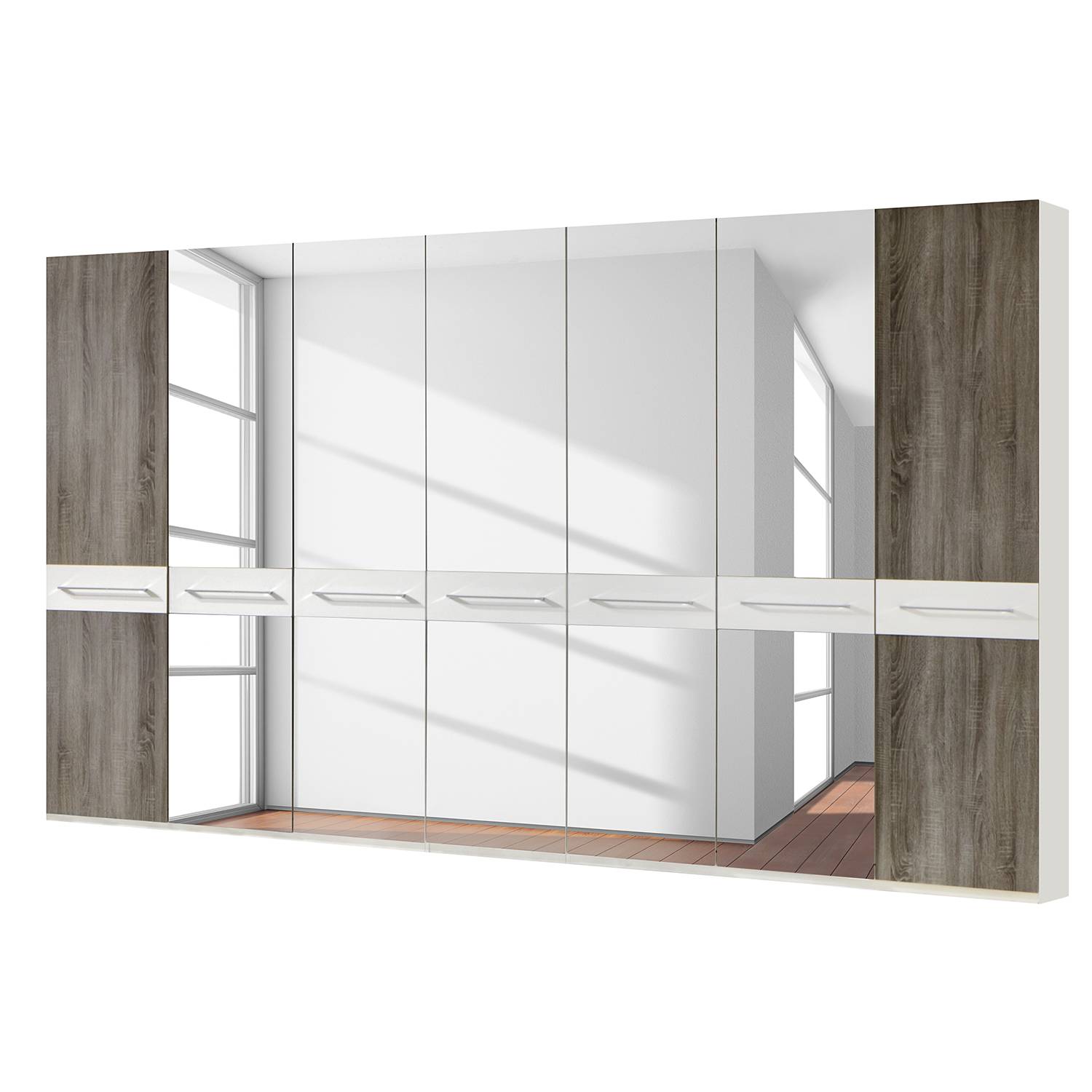 Drehtürenschrank Ancona - Trüffeleiche Dekor - Alpinweiß / Trüffeleiche Dekor - 350 cm (7-türig) - 5 Spiegeltüren - Ohne Passepartoutrahmen, Althoff