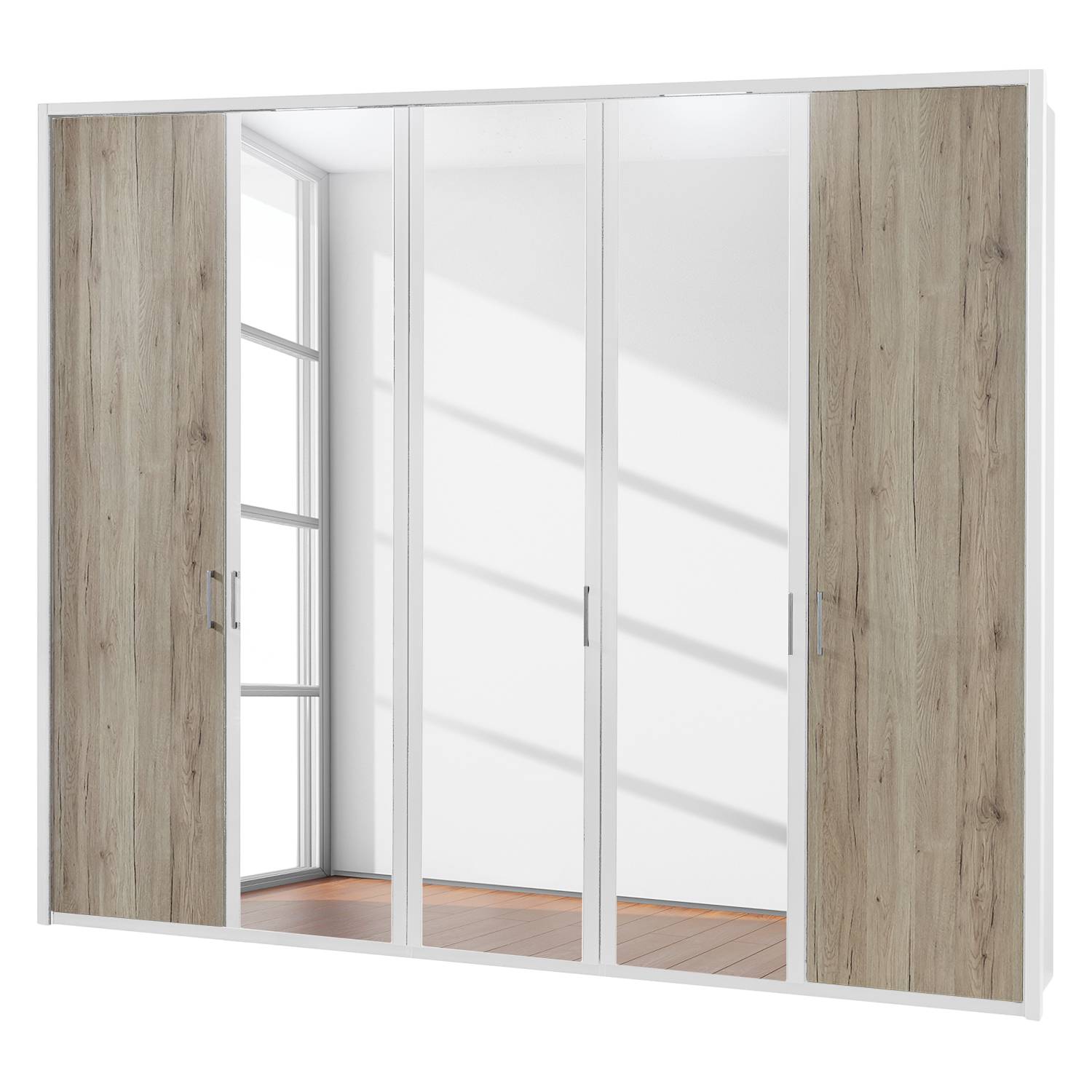 EEK A+, Drehtürenschrank Arizona Sleep - Alpinweiß / Eiche Santana Dekor - 250 cm (5-türig) - 3 Spiegeltüren - Mit beleuchtetem Passepartout, Althoff