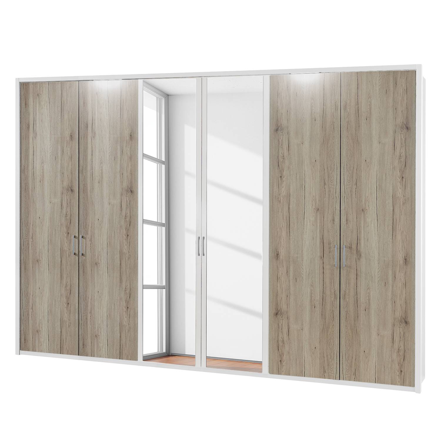 EEK A+, Drehtürenschrank Arizona Sleep - Alpinweiß / Eiche Santana Dekor - 300 cm (6-türig) - 2 Spiegeltüren - Mit beleuchtetem Passepartout, Althoff