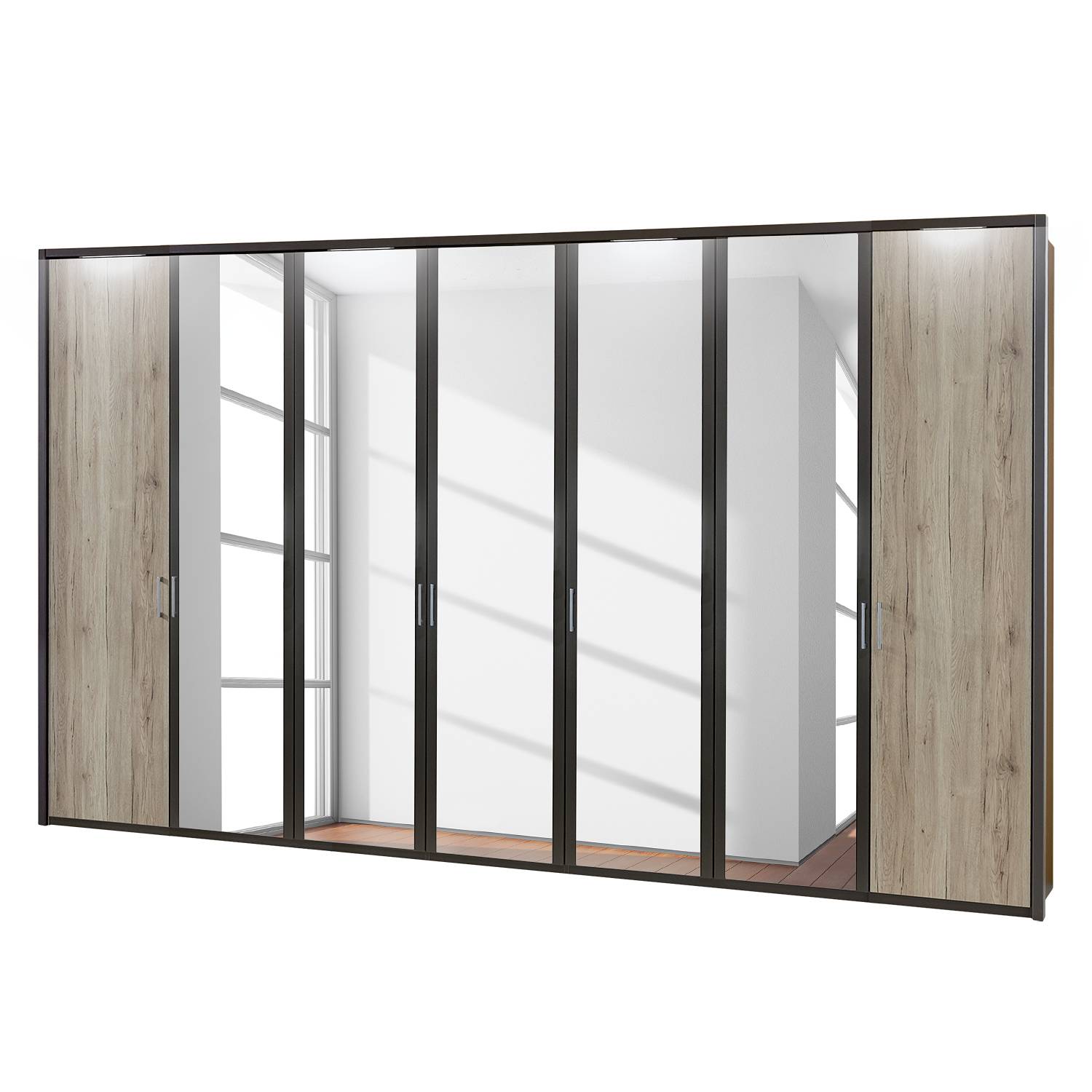 EEK A+, Drehtürenschrank Arizona Sleep - Havanna / Eiche Santana Dekor - 350 cm (7-türig) - 5 Spiegeltüren - Mit beleuchtetem Passepartout, Althoff