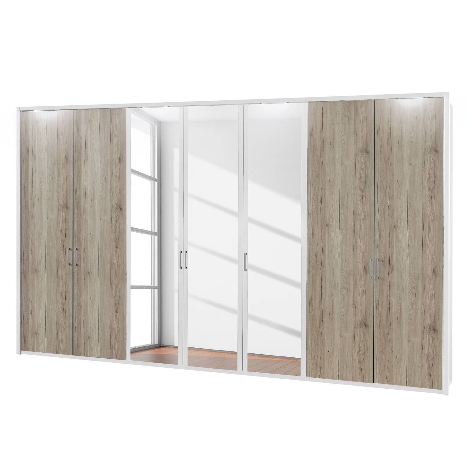 EEK A+, Drehtürenschrank Arizona Sleep - Alpinweiß / Eiche Santana Dekor - 350 cm (7-türig) - 3 Spiegeltüren - Mit beleuchtetem Passepartout, Althoff