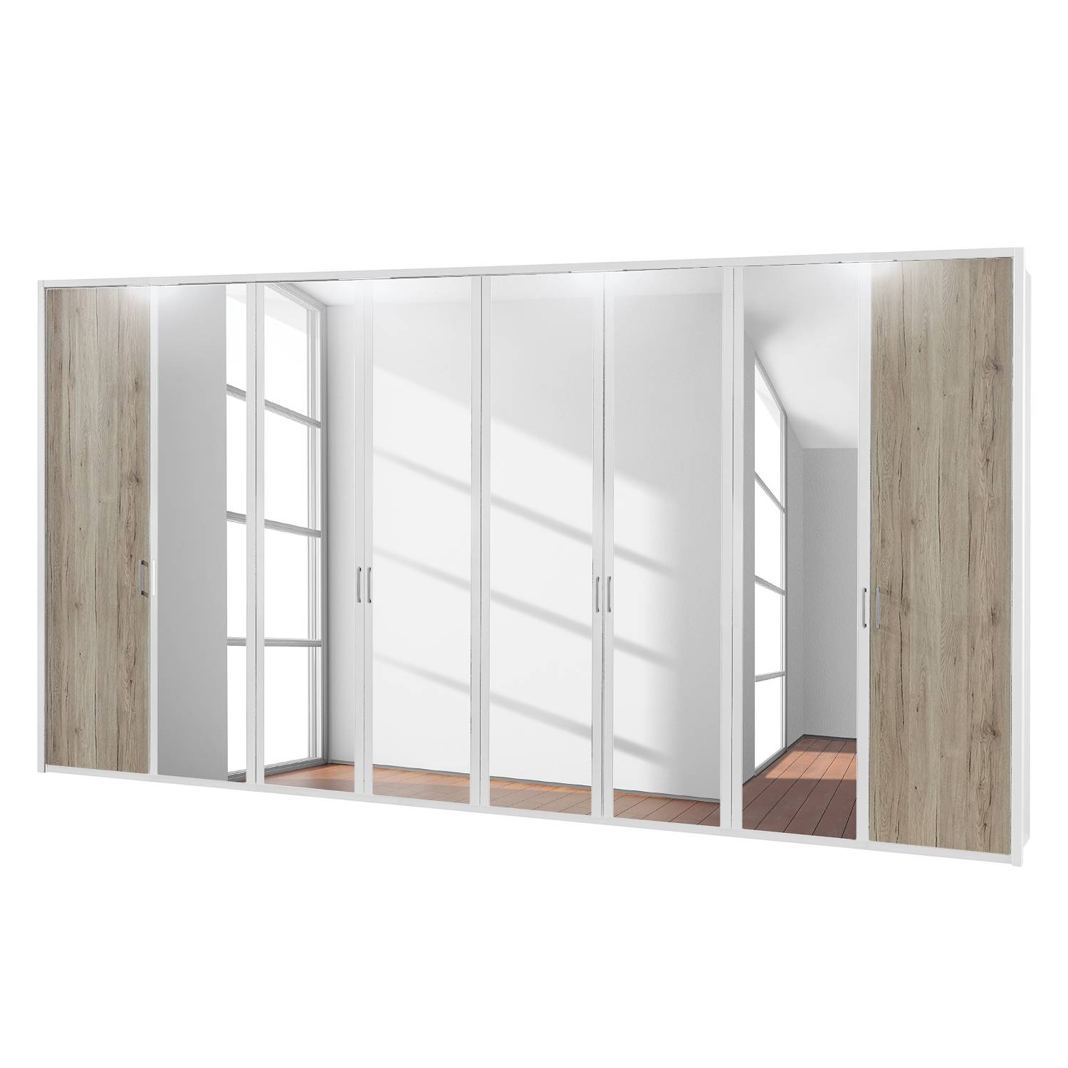 EEK A+, Drehtürenschrank Arizona Sleep - Alpinweiß / Eiche Santana Dekor - 400 cm (8-türig) - 6 Spiegeltüren - Mit beleuchtetem Passepartout, Althoff