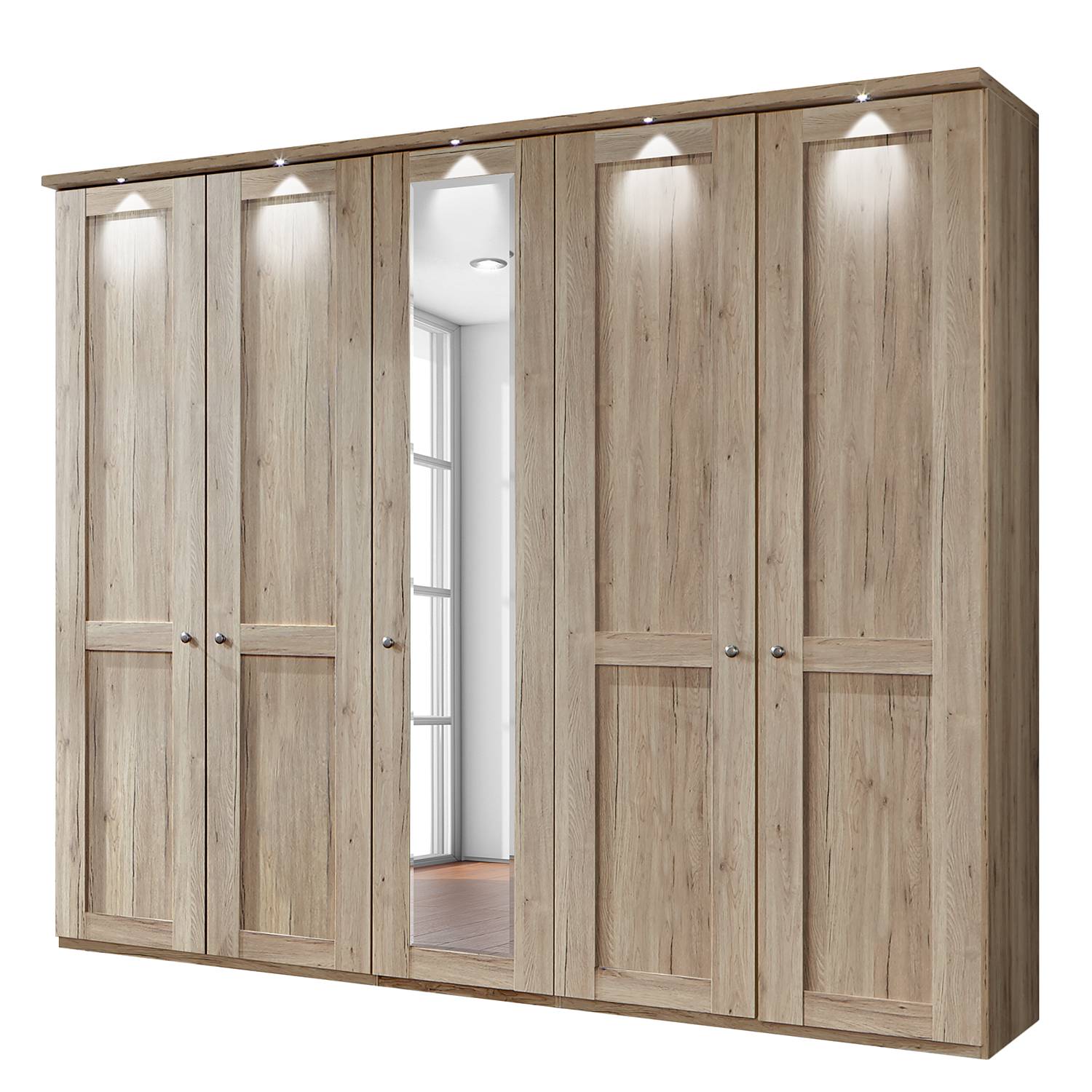 EEK A+, Drehtürenschrank Bergamo - LED-Beleuchtung - Eiche Santana Dekor - 250 cm (5-türig) - 1 Spiegeltür - Mit Kranzblende, Althoff