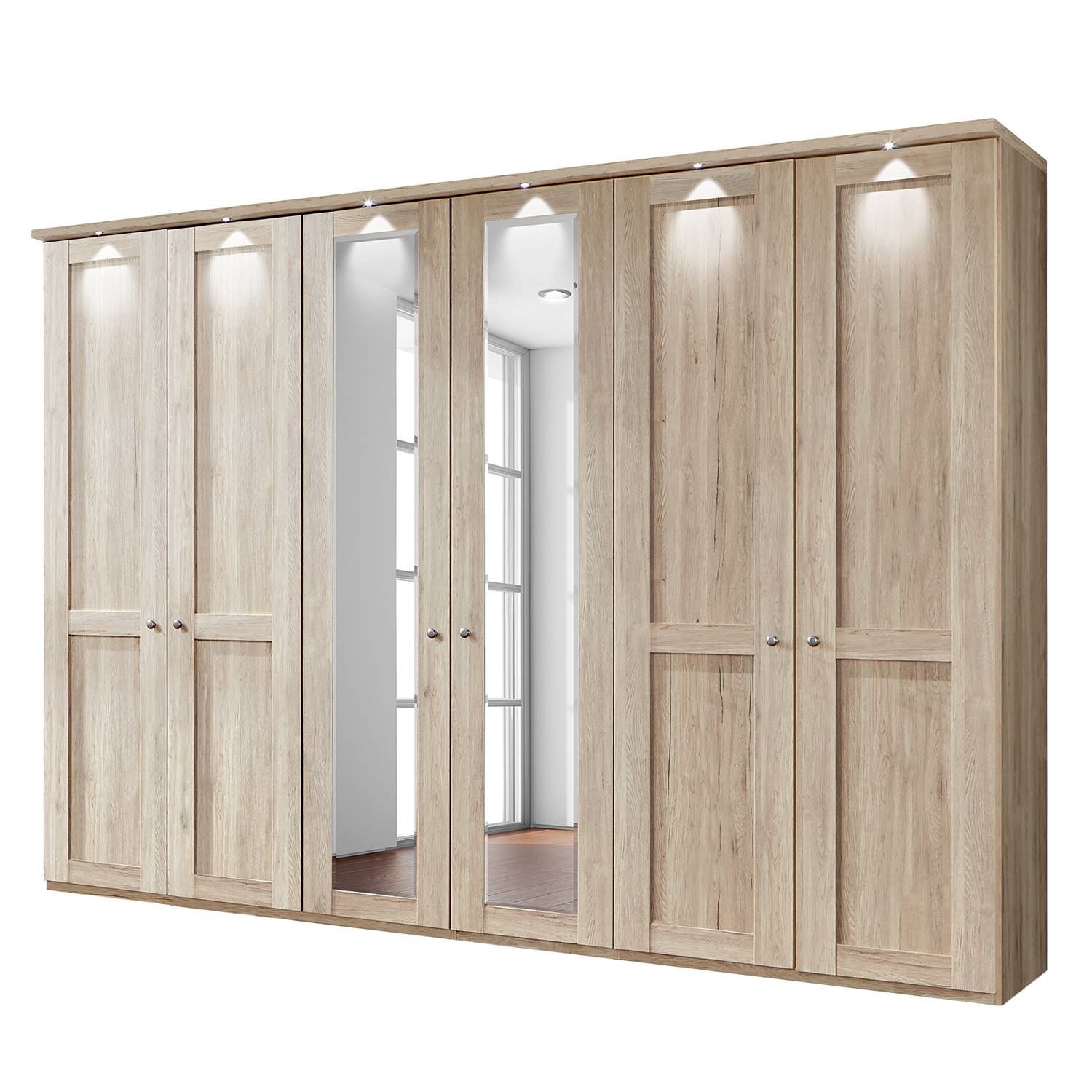 EEK A+, Drehtürenschrank Bergamo - LED-Beleuchtung - Eiche Sägerau Dekor - 300 cm (6-türig) - 2 Spiegeltüren - Mit Kranzblende, Althoff