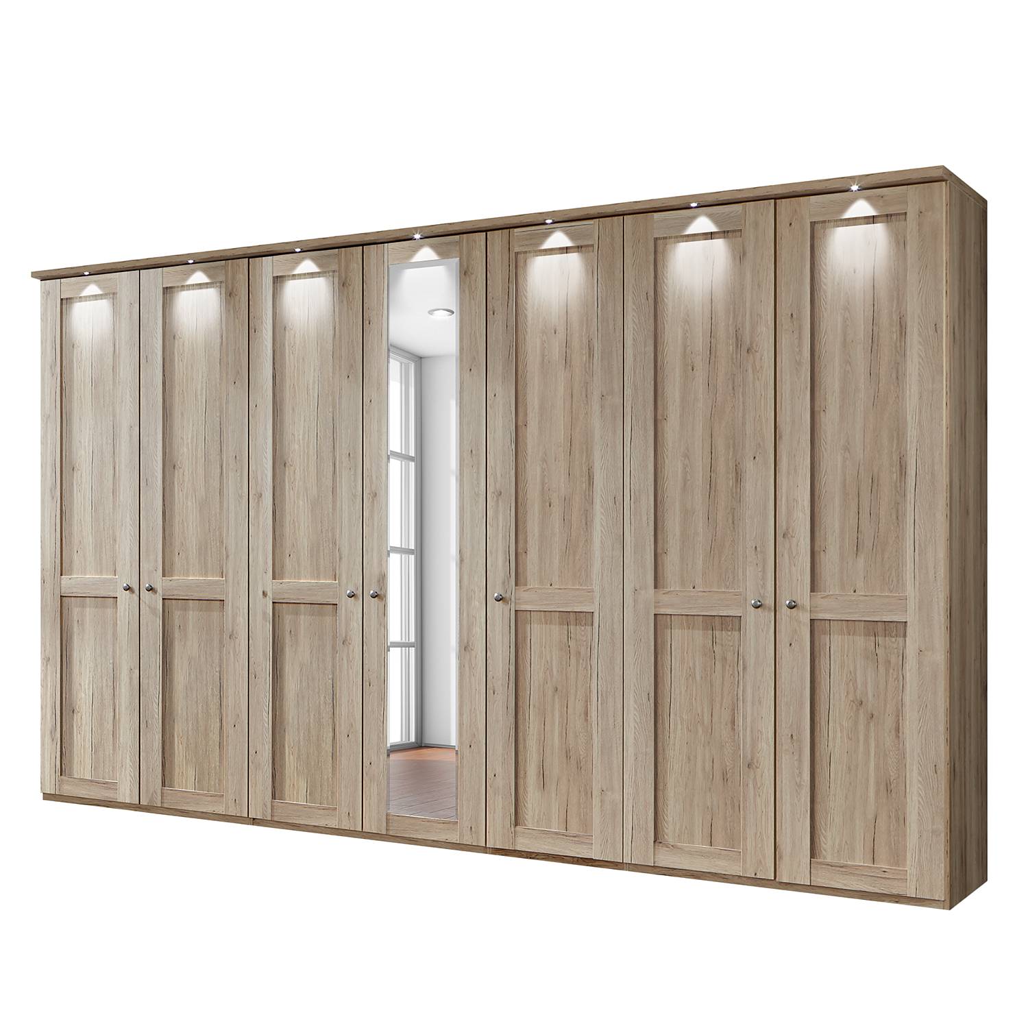 EEK A+, Drehtürenschrank Bergamo - LED-Beleuchtung - Eiche Santana Dekor - 350 cm (7-türig) - 1 Spiegeltür - Mit Kranzblende, Althoff