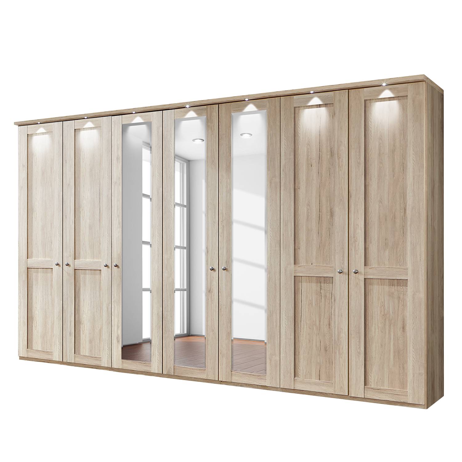 EEK A+, Drehtürenschrank Bergamo - LED-Beleuchtung - Eiche Sägerau Dekor - 350 cm (7-türig) - 3 Spiegeltüren - Mit Kranzblende, Althoff