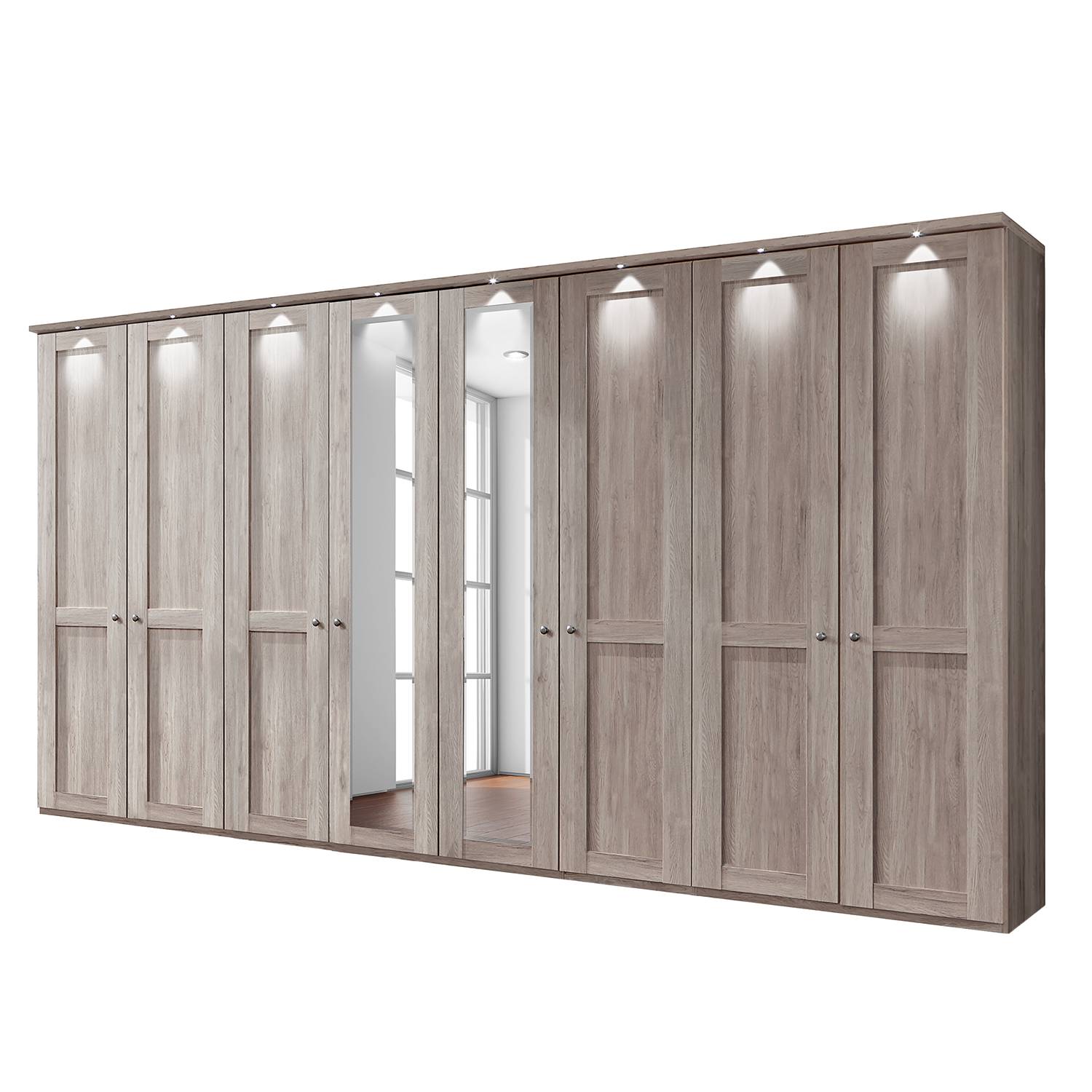 EEK A+, Drehtürenschrank Bergamo - LED-Beleuchtung - Trüffeleiche Dekor - 400 cm (8-türig) - 2 Spiegeltüren - Mit Kranzblende, Althoff
