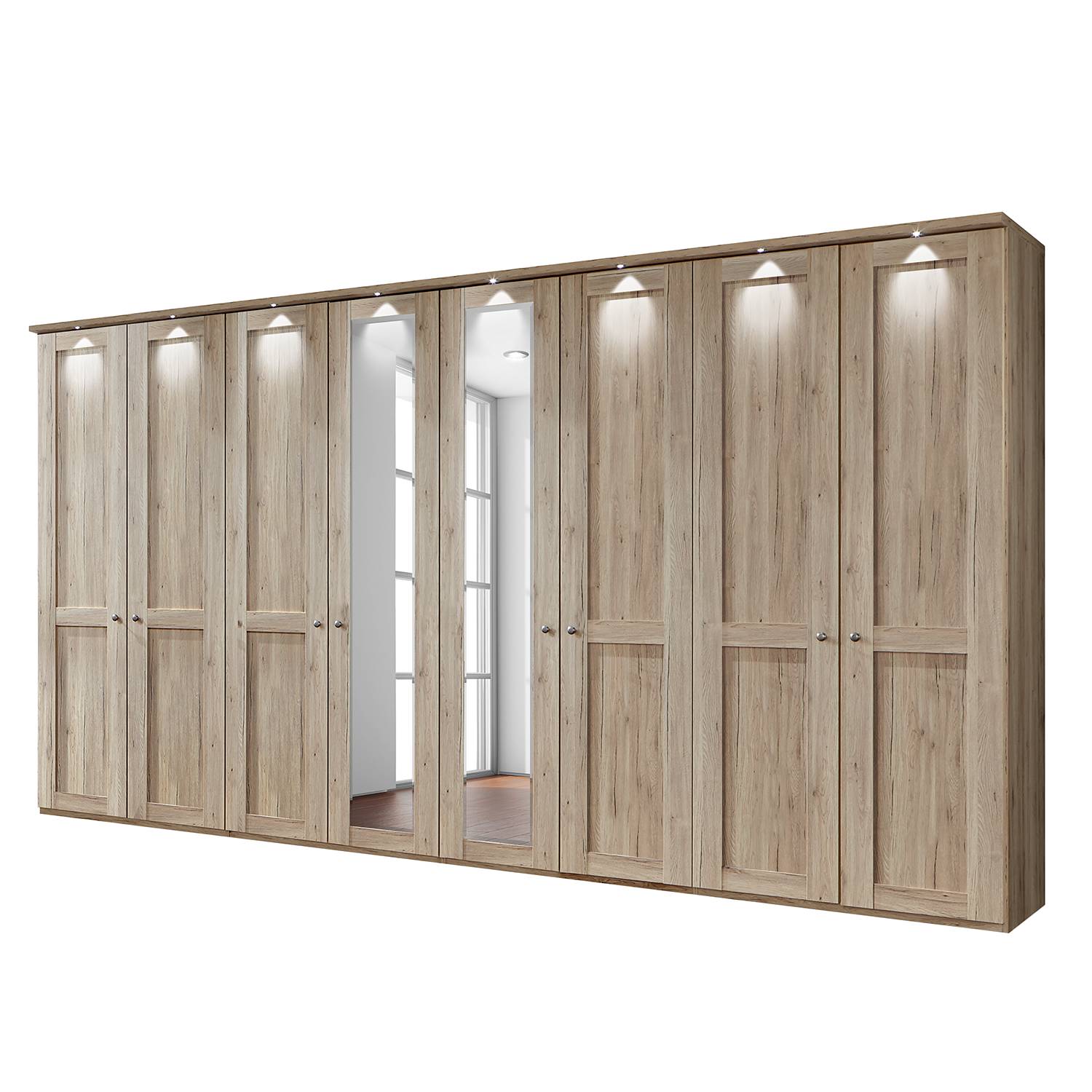 EEK A+, Drehtürenschrank Bergamo - LED-Beleuchtung - Eiche Santana Dekor - 400 cm (8-türig) - 2 Spiegeltüren - Mit Kranzblende, Althoff