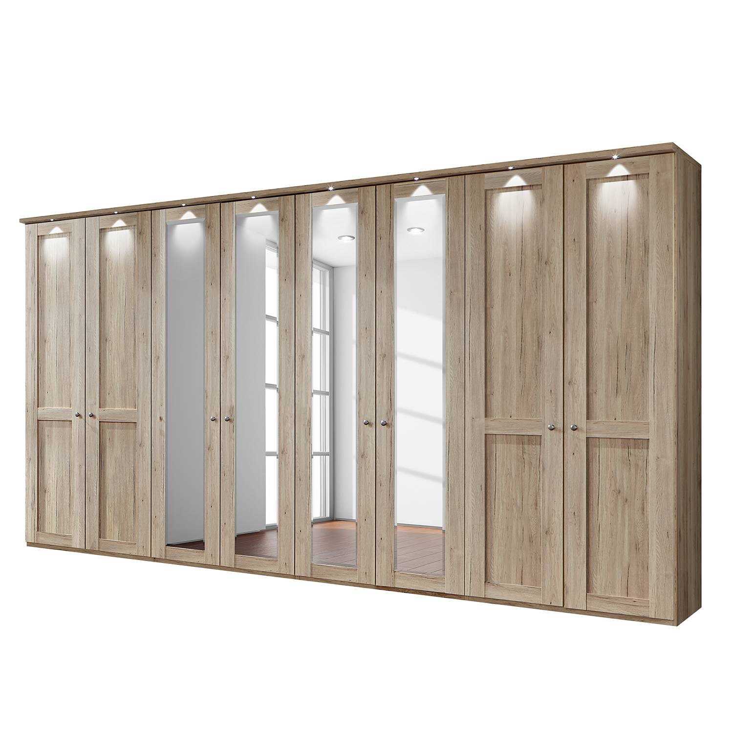 EEK A+, Drehtürenschrank Bergamo - LED-Beleuchtung - Eiche Santana Dekor - 400 cm (8-türig) - 4 Spiegeltüren - Mit Kranzblende, Althoff