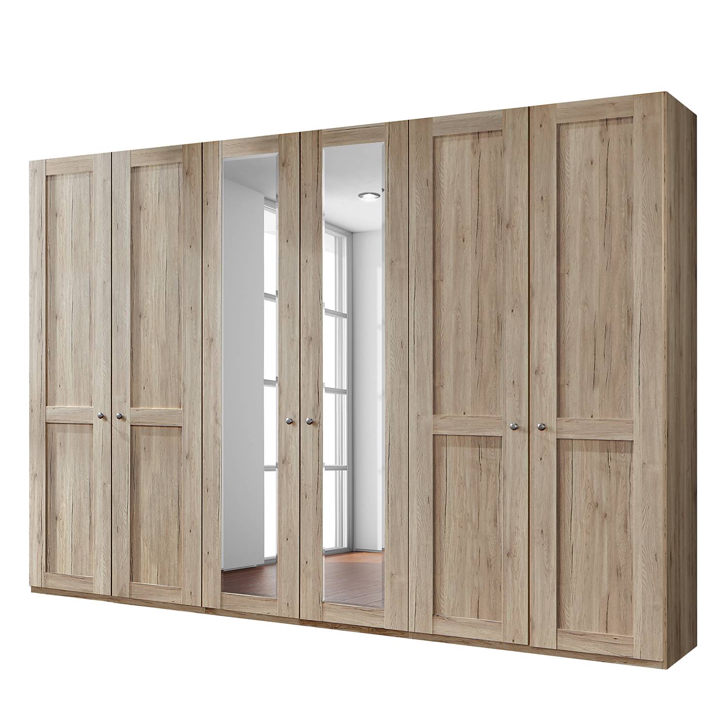 Drehtürenschrank Bergamo - Ohne Beleuchtung - Eiche Santana Dekor - 300 cm (6-türig) - 2 Spiegeltüren - Ohne Kranzblende, Althoff