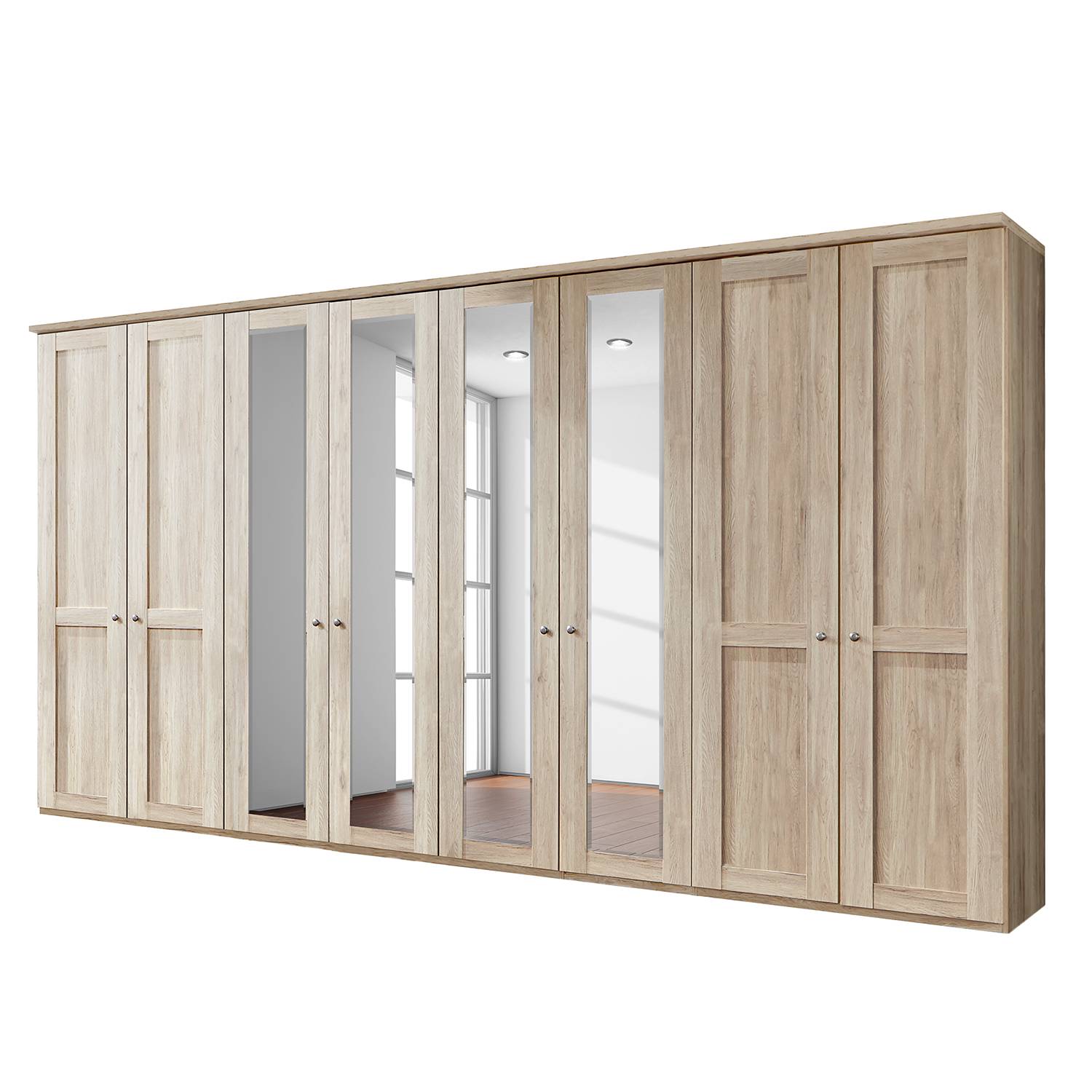 Drehtürenschrank Bergamo - Ohne Beleuchtung - Eiche Sägerau Dekor - 400 cm (8-türig) - 4 Spiegeltüren - Mit Kranzblende, Althoff