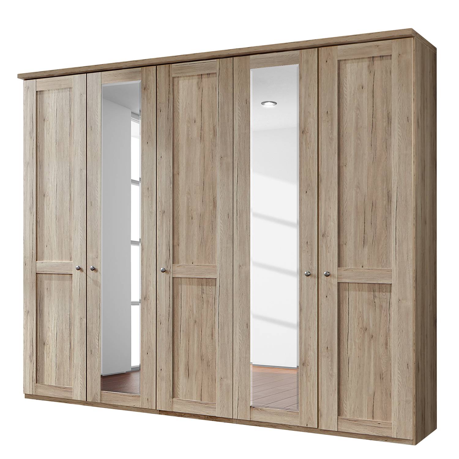 Drehtürenschrank Bergamo - Ohne Beleuchtung - Eiche Santana Dekor - 250 cm (5-türig) - 2 Spiegeltüren - Mit Kranzblende, Althoff