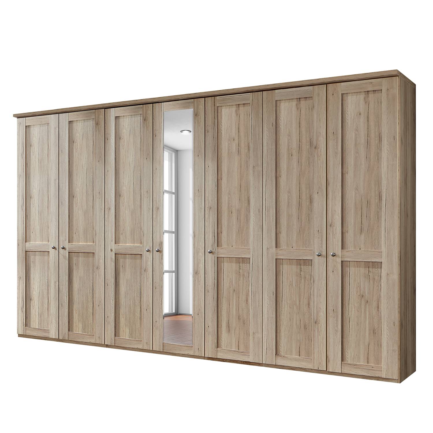 Drehtürenschrank Bergamo - Ohne Beleuchtung - Eiche Santana Dekor - 350 cm (7-türig) - 1 Spiegeltür - Mit Kranzblende, Althoff