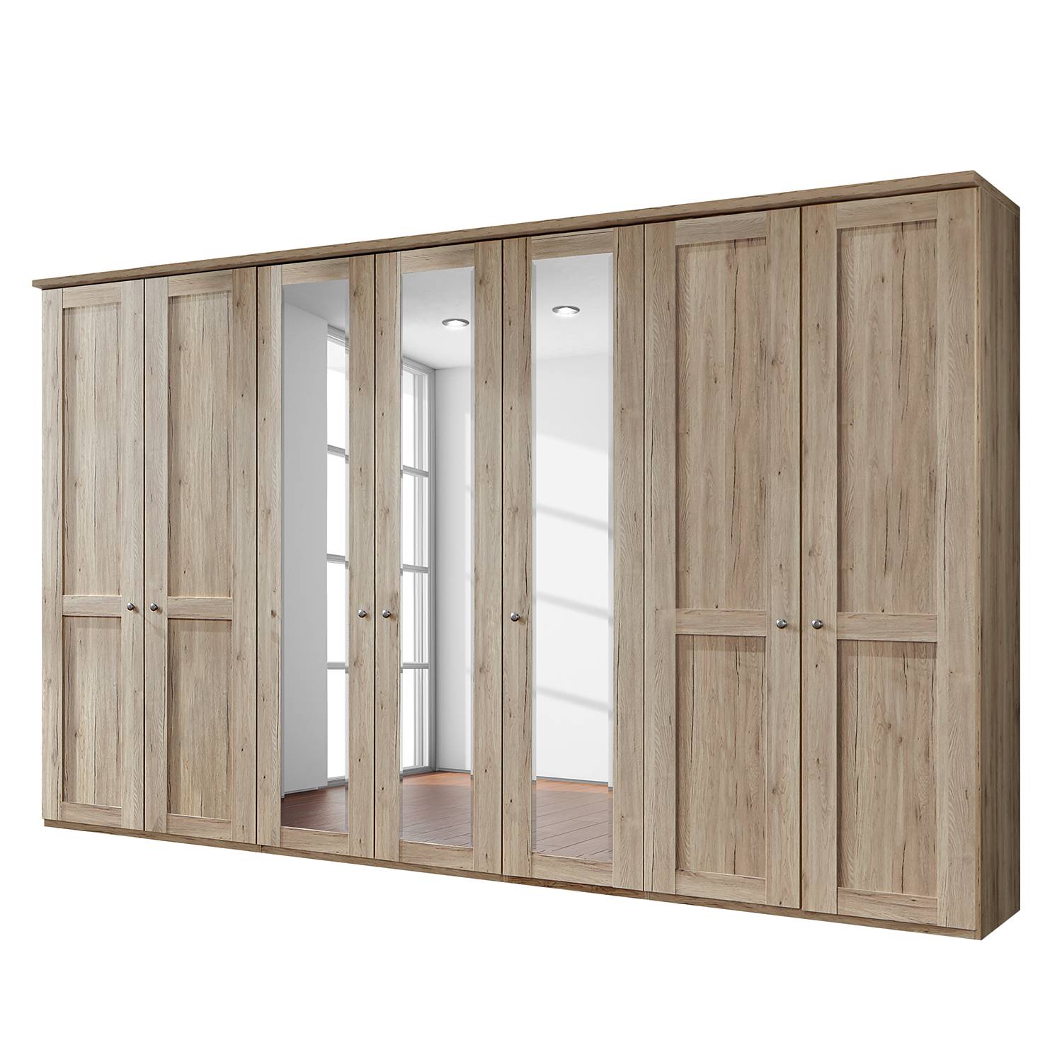 Drehtürenschrank Bergamo - Ohne Beleuchtung - Eiche Santana Dekor - 350 cm (7-türig) - 3 Spiegeltüren - Mit Kranzblende, Althoff
