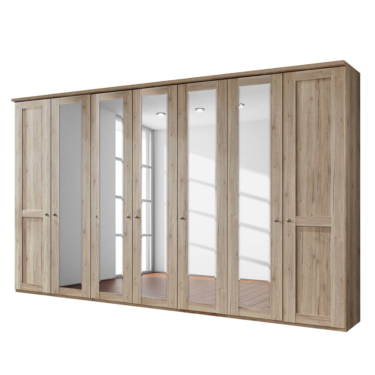 Drehtürenschrank Bergamo - Ohne Beleuchtung - Eiche Santana Dekor - 350 cm (7-türig) - 5 Spiegeltüren - Mit Kranzblende, Althoff