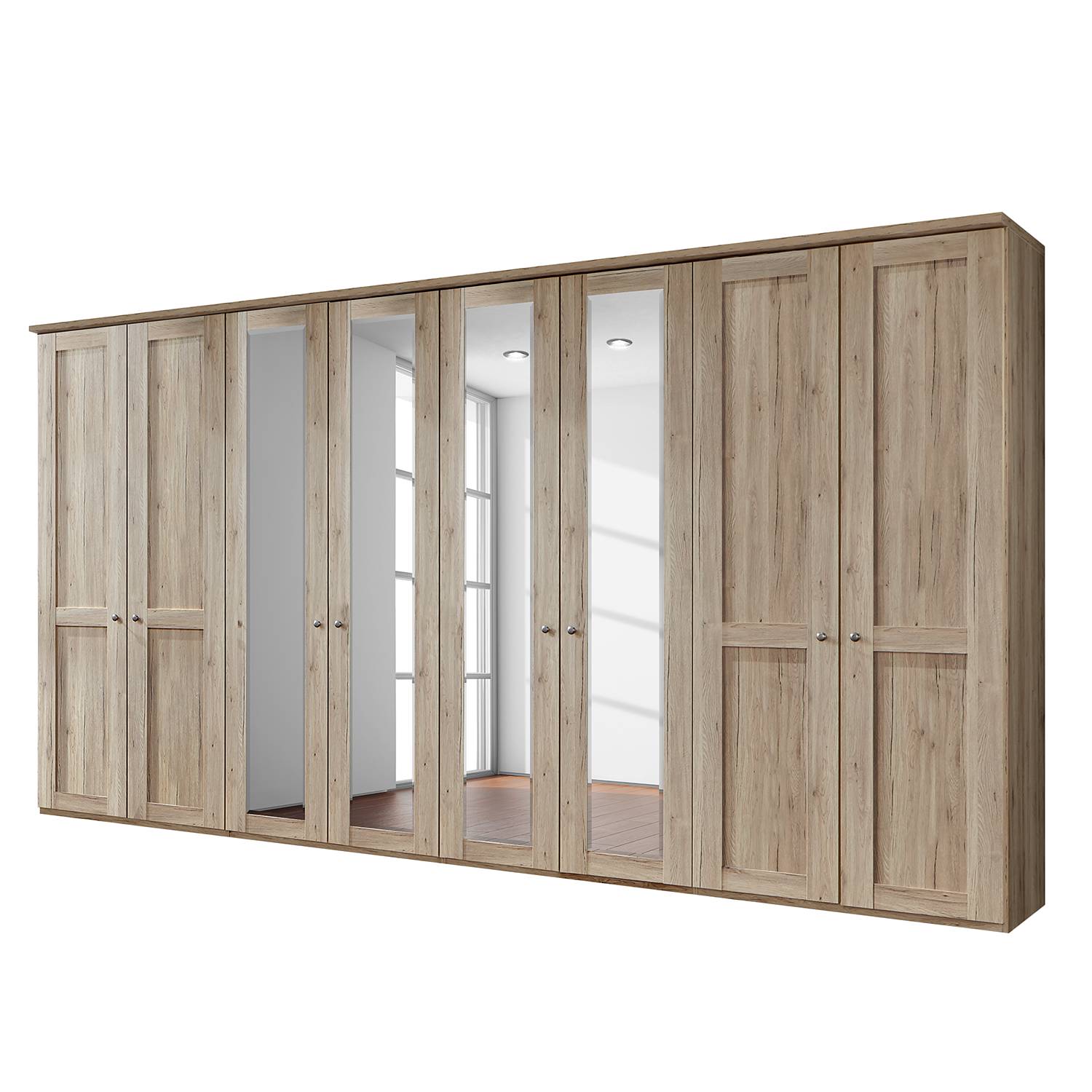 Drehtürenschrank Bergamo - Ohne Beleuchtung - Eiche Santana Dekor - 400 cm (8-türig) - 4 Spiegeltüren - Mit Kranzblende, Althoff