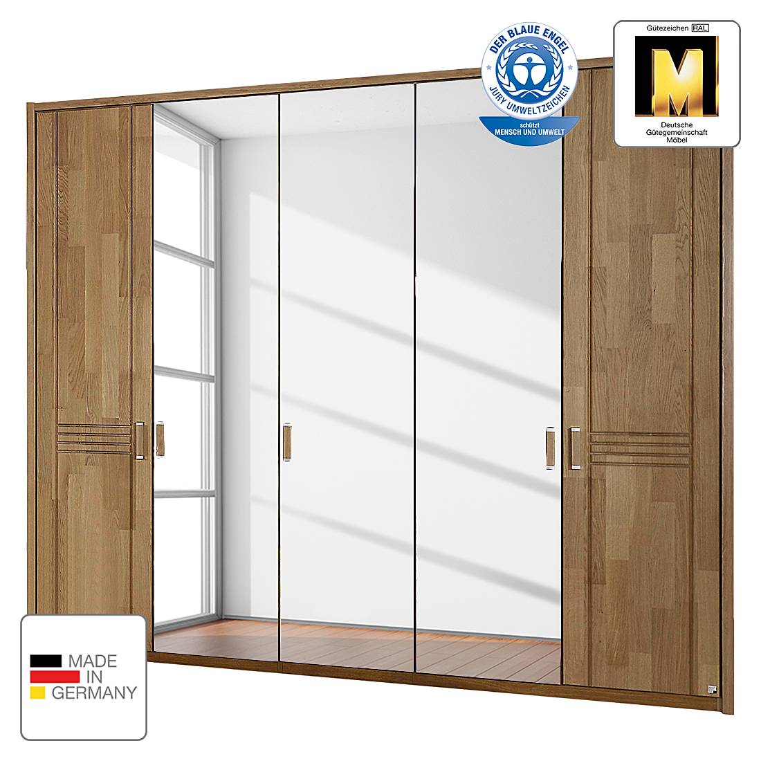 Drehtürenschrank Casano - Wildeiche teilmassiv - 235 cm (5-türig) - 2 Spiegeltüren - Mit Passepartoutrahmen, Rauch Steffen