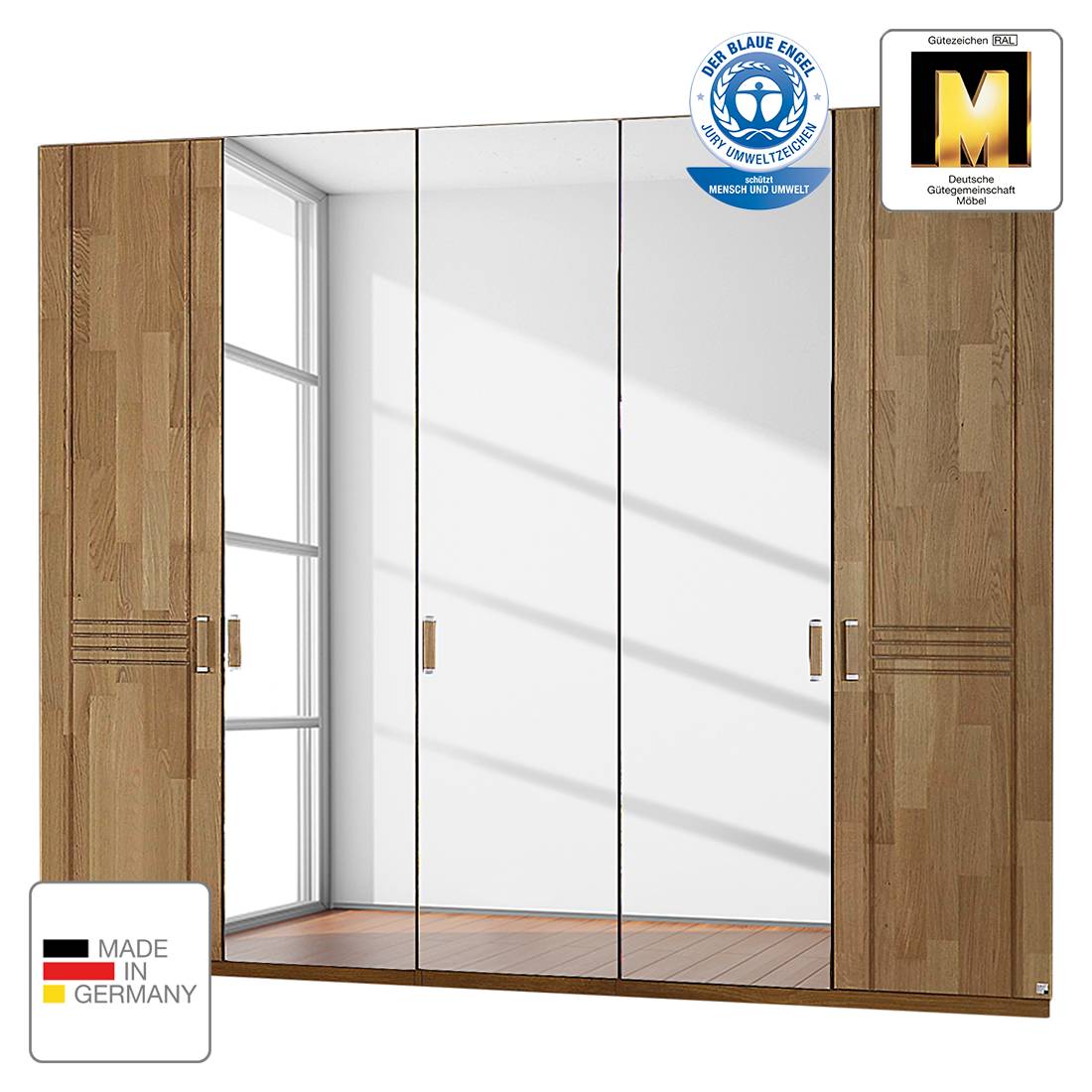 Drehtürenschrank Casano - Wildeiche teilmassiv - 235 cm (5-türig) - 2 Spiegeltüren - Ohne Passepartoutrahmen, Rauch Steffen