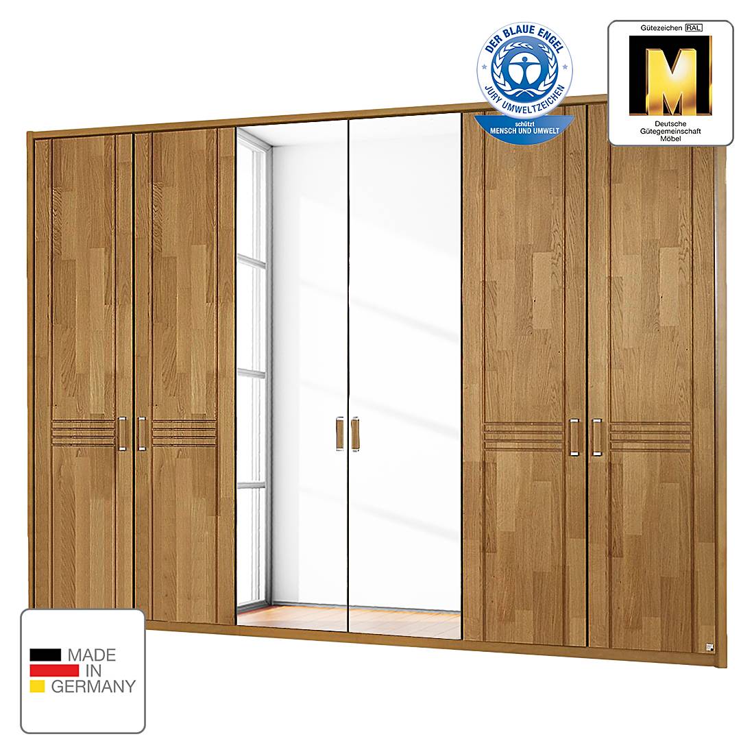 Drehtürenschrank Casano - Wildeiche teilmassiv - 282 cm (6-türig) - 4 Spiegeltüren - Mit Passepartoutrahmen, Rauch Steffen