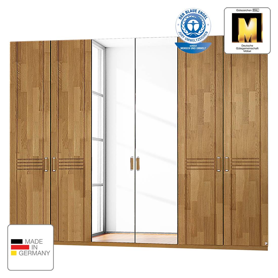 Drehtürenschrank Casano - Wildeiche teilmassiv - 282 cm (6-türig) - 4 Spiegeltüren - Ohne Passepartoutrahmen, Rauch Steffen