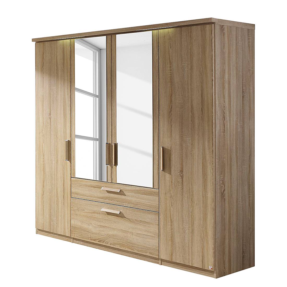 EEK A+, Drehtürenschrank Evelyn II - Eiche Sonoma Dekor - Mit Beleuchtung - 250 cm (5-türig) - 197 cm - Mit Kranzblende, Rauch Dialog