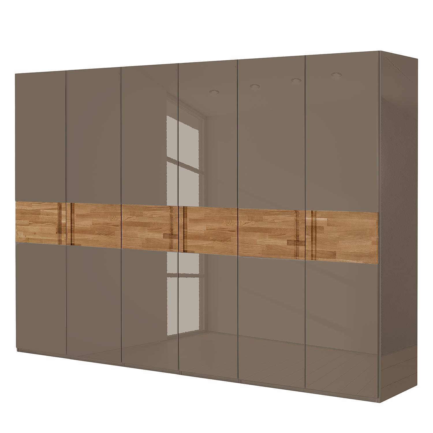 Drehtürenschrank Feel - Hochglanz Taupe / Eiche - 302 cm (6-türig) - Ohne Passepartoutrahmen, Arte M