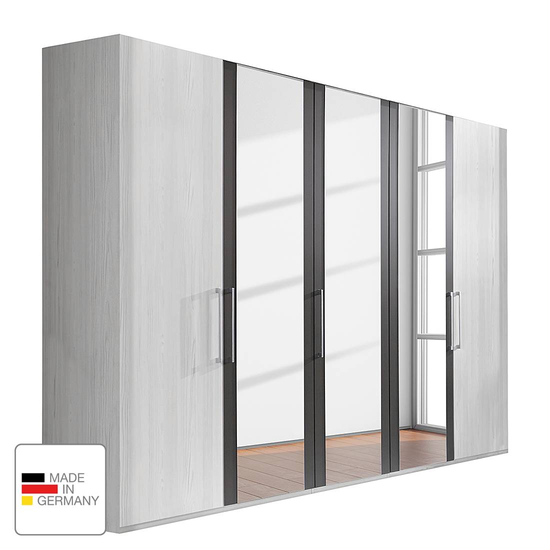 Drehtürenschrank Lissabon - Polar Lärche Dekor/Havanna - 400 cm (8-türig) - 2 Spiegeltüren - Ohne Passepartoutrahmen, Althoff