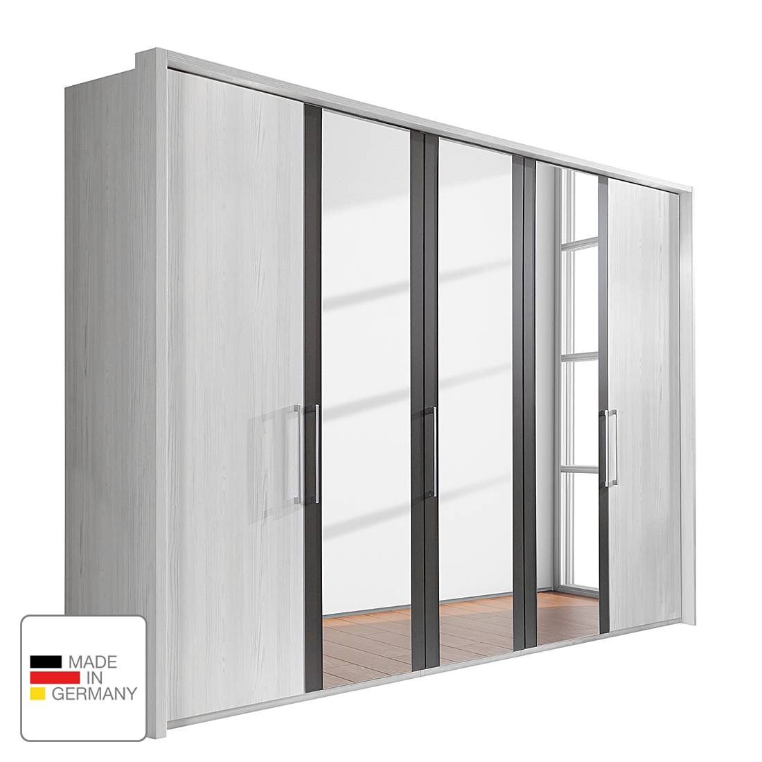 Drehtürenschrank Lissabon - Polar Lärche Dekor/Havanna - 400 cm (8-türig) - 6 Spiegeltüren - Mit Passepartoutrahmen, Althoff