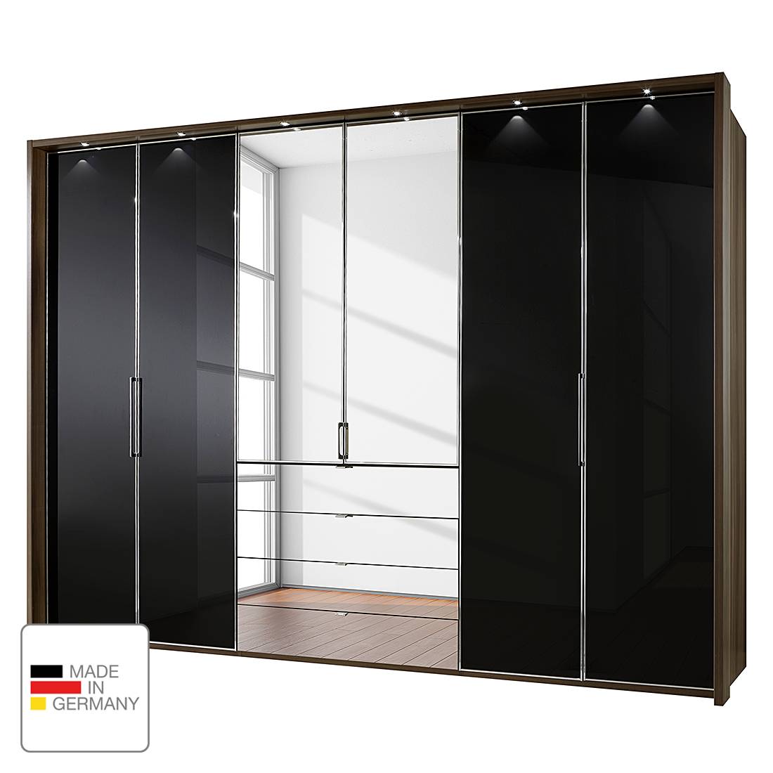 EEK A+, Drehtürenschrank Monza - Walnuss Dekor/Schwarzglas - LED-Beleuchtung - 300 cm (6-türig) - 216 cm - Mit beleuchtetem Passepartout, Althoff