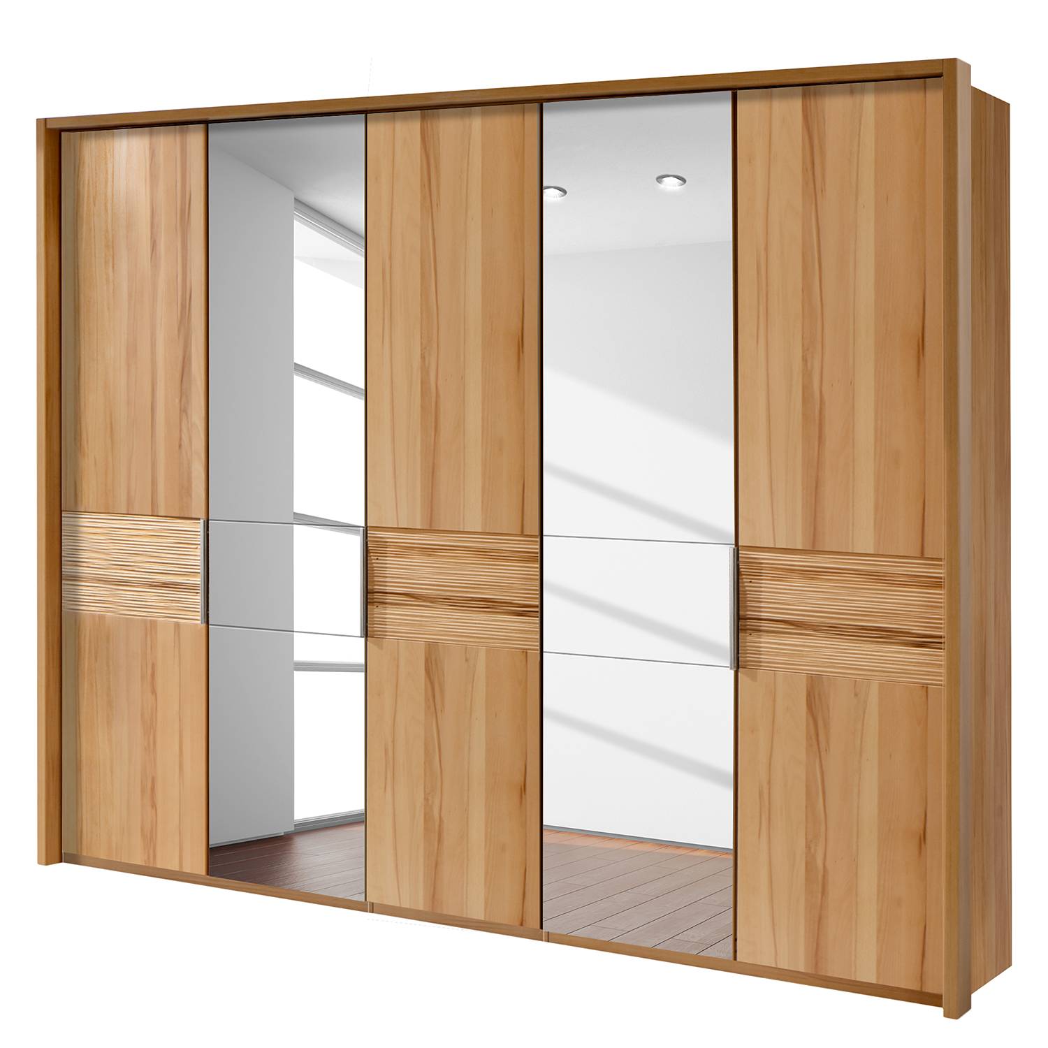 Drehtürenschrank Samoa - Kernbuche - Ohne Beleuchtung - 250 cm (5-türig) - Kernbuche - 2 Spiegeltüren - Mit Passepartoutrahmen, Althoff