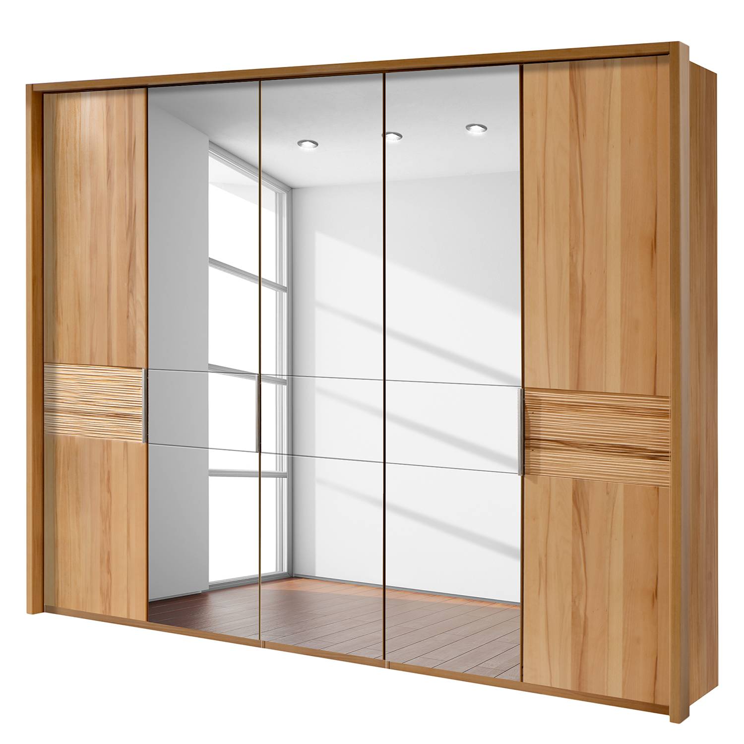 Drehtürenschrank Samoa - Kernbuche - Ohne Beleuchtung - 250 cm (5-türig) - Kernbuche - 3 Spiegeltüren - Mit Passepartoutrahmen, Althoff