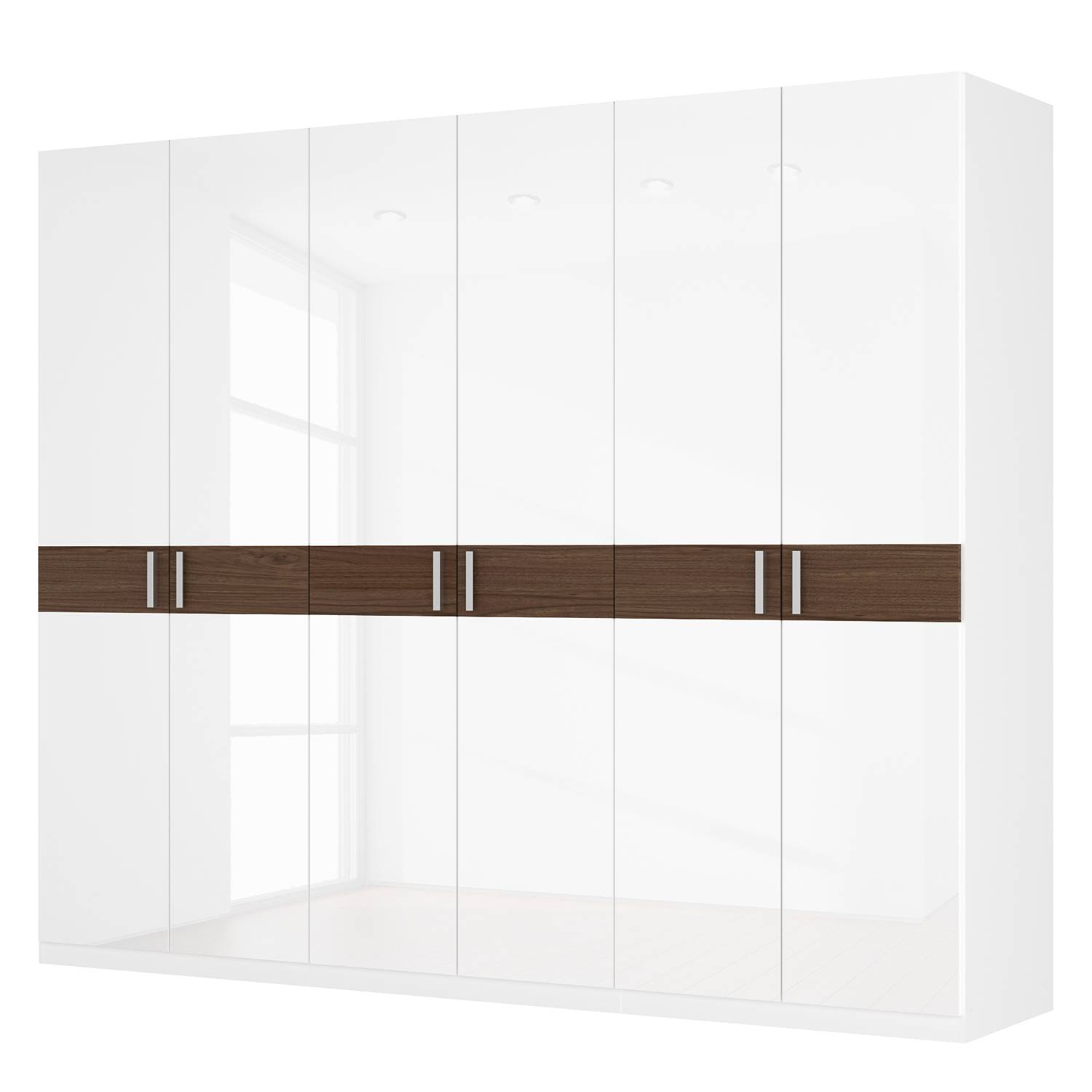 Drehtürenschrank SKØP I - Hochglanz Weiß/ Nussbaum Dekor - 270 cm (6-türig) - 222 cm - Premium, SKØP