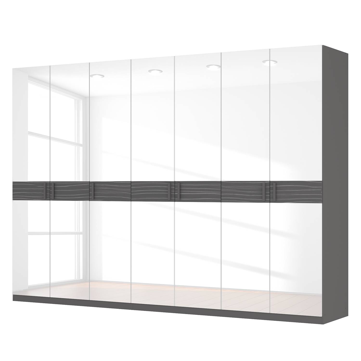 Drehtürenschrank SKØP III - Hochglanz Weiß/ Strukturholz Graphit - 315 cm (7-türig) - 222 cm - Basic, SKØP