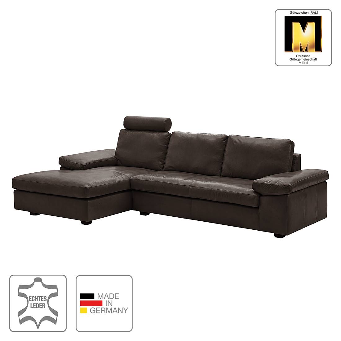 Ecksofa Concept101-M - Echtleder - Ohne Kopfstütze - Longchair/Ottomane davorstehend links - Mokka, Machalke Polsterwerkstätten