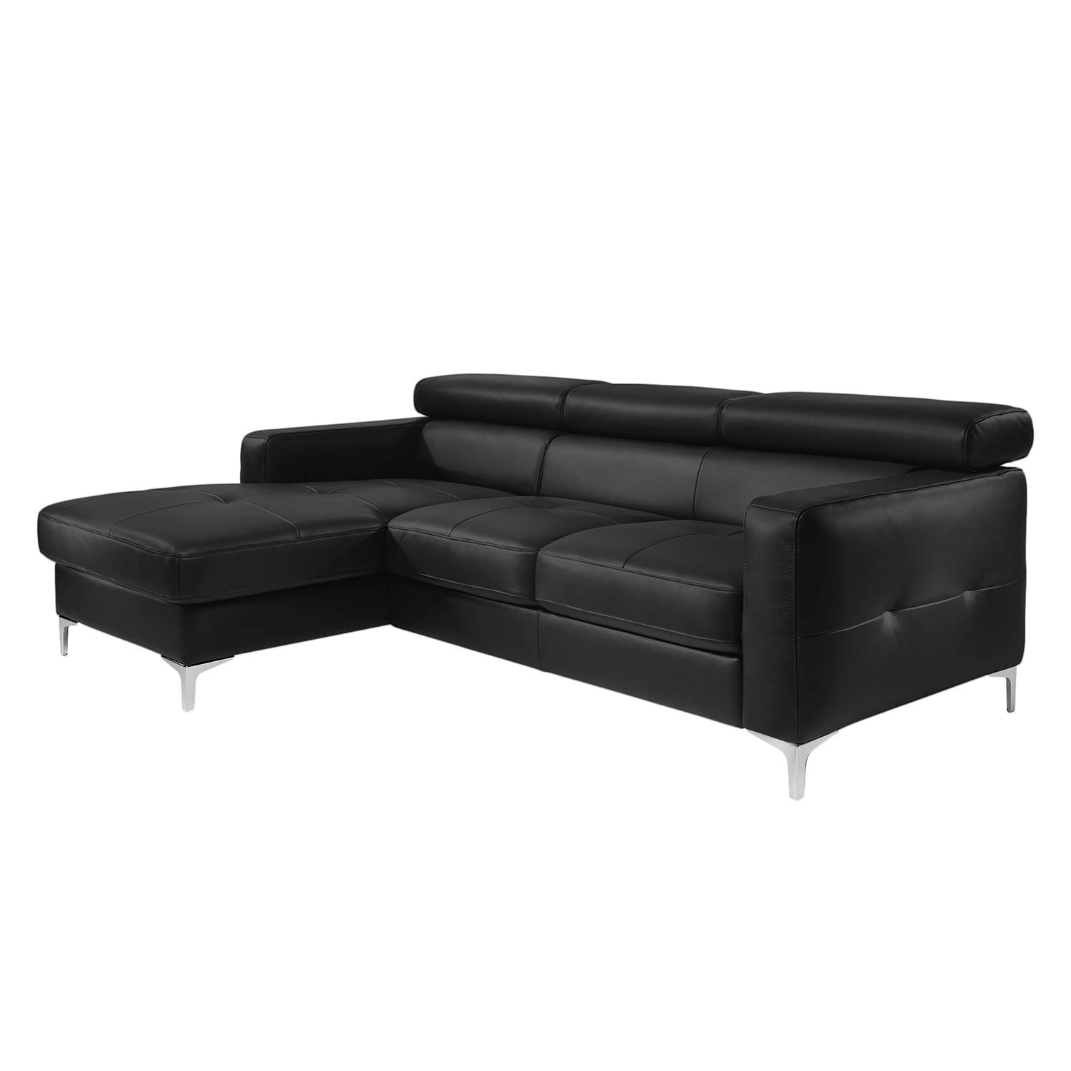 Ecksofa Eduardo I - Echtleder - Longchair/Ottomane davorstehend links - Mit Schlaffunktion - Schwarz, Cotta