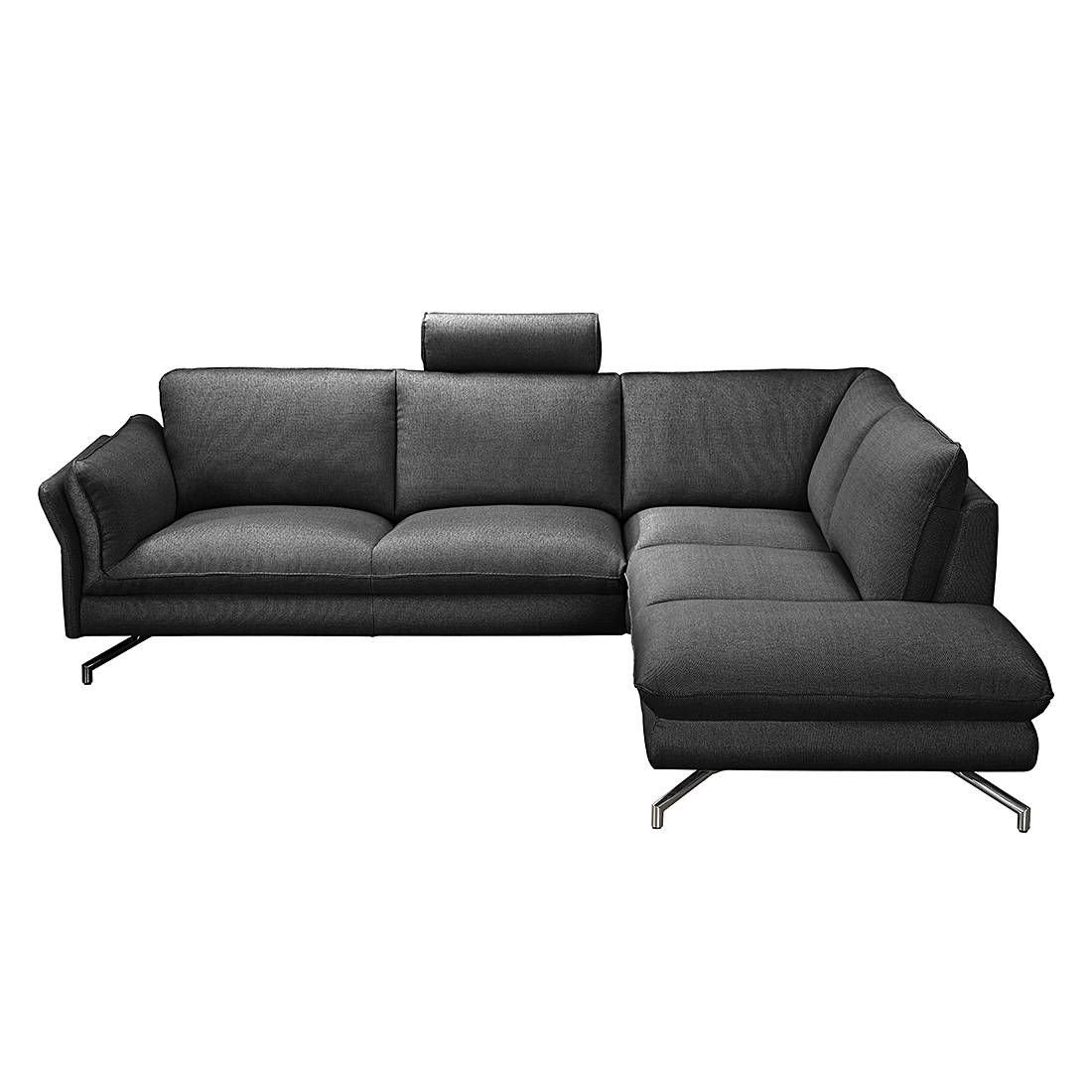 Ecksofa Enrico - Strukturstoff Anthrazit - Ottomane davorstehend rechts - Mit 2 Kopfstützen, loftscape