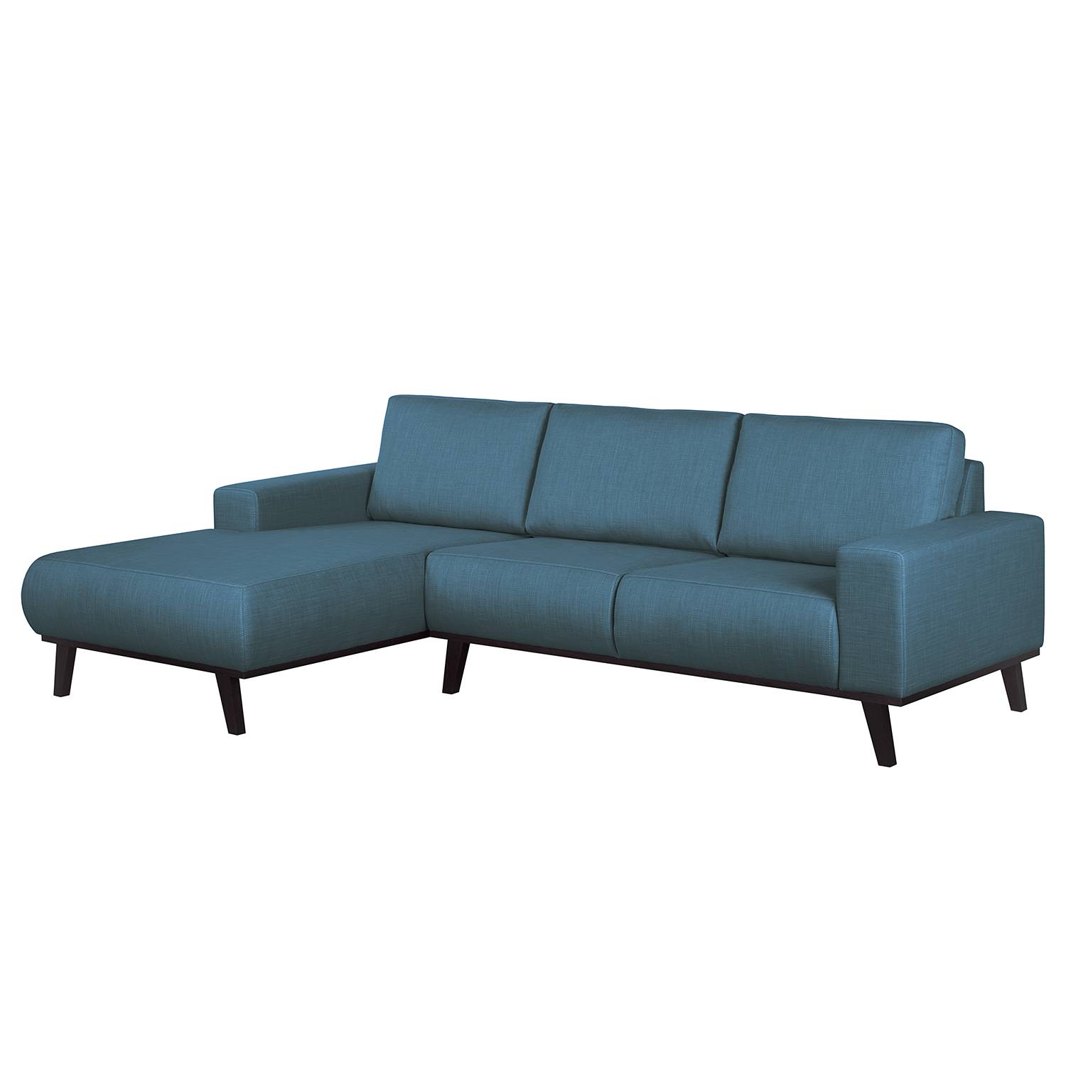 Ecksofa Eva I - Webstoff - Longchair/Ottomane davorstehend links - Eiche Wenge - Jeansblau, kollected by Johanna