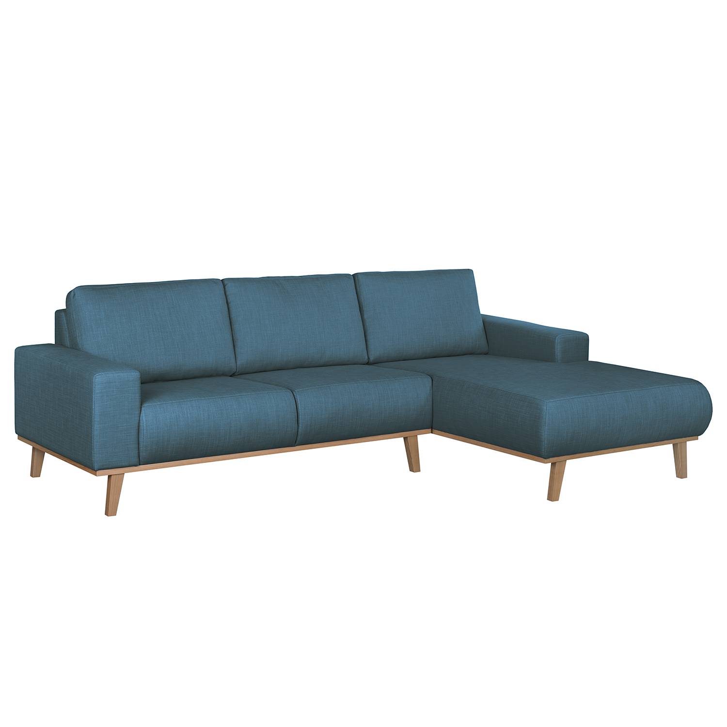 Ecksofa Eva I - Webstoff - Longchair/Ottomane davorstehend rechts - Eiche Natur - Jeansblau, kollected by Johanna