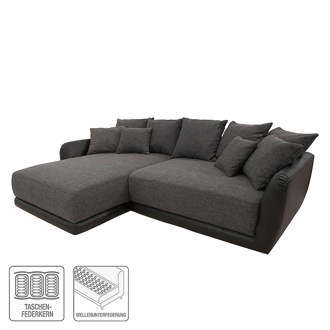 Ecksofa Reeno - Strukturstoff Schwarz-Grau/Kunstleder Schwarz - Longchair davorstehend links, roomscape