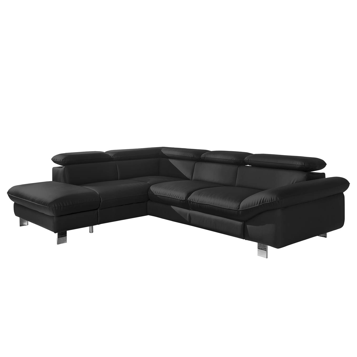 Ecksofa Waiho II - Echtleder - Longchair/Ottomane davorstehend links - Mit Schlaffunktion - Schwarz, Cotta